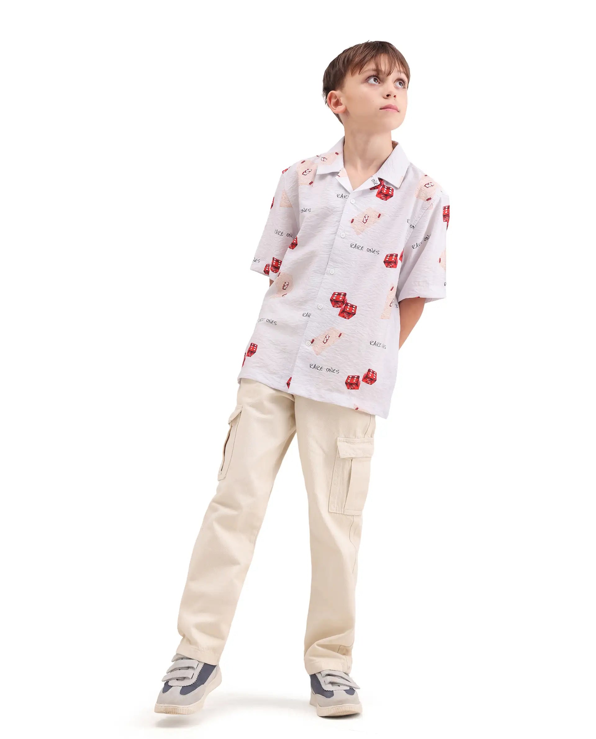 Rare Ones Kids Dice White Viscose Blend Fabric Button Closure Regular Fit Shirt
