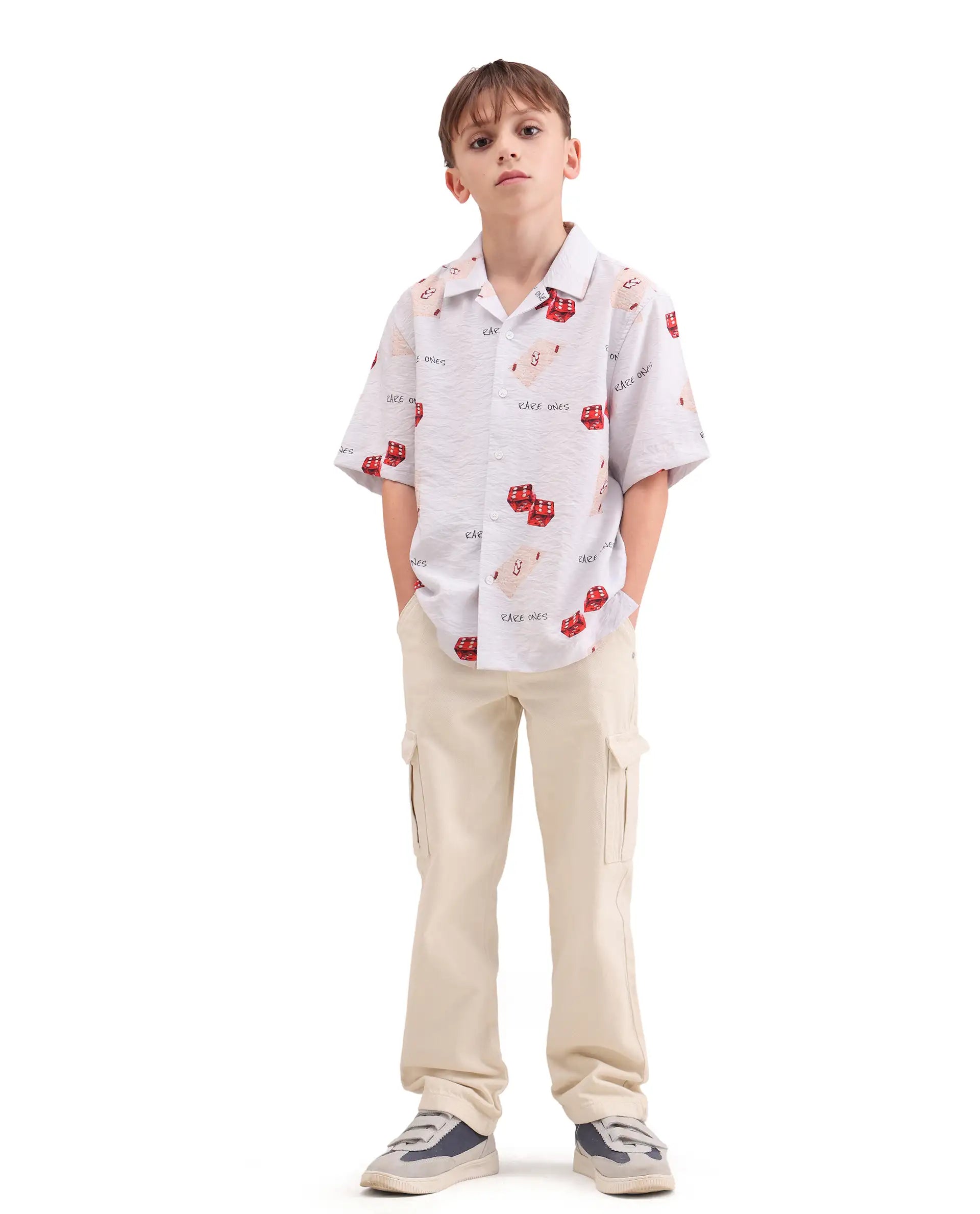 Rare Ones Kids Dice White Viscose Blend Fabric Button Closure Regular Fit Shirt