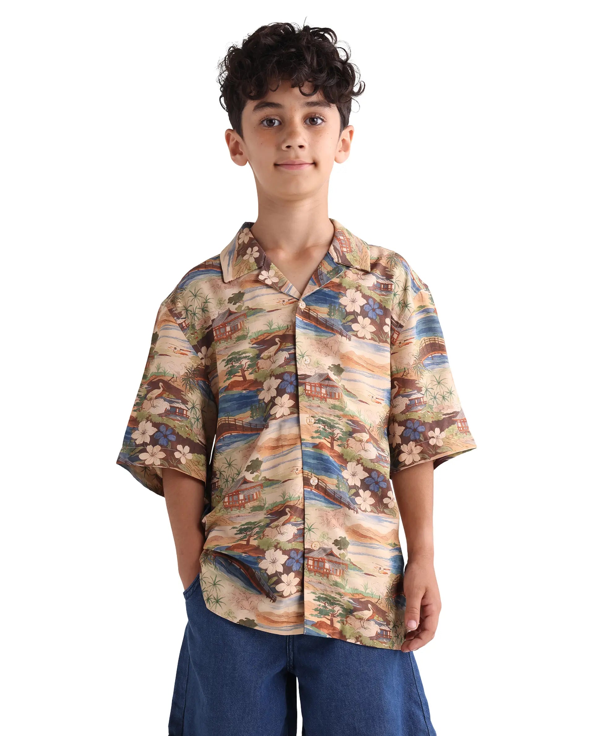 Rare Ones Kids Adon Brown Viscose Button Closure Regular Fit Shirt