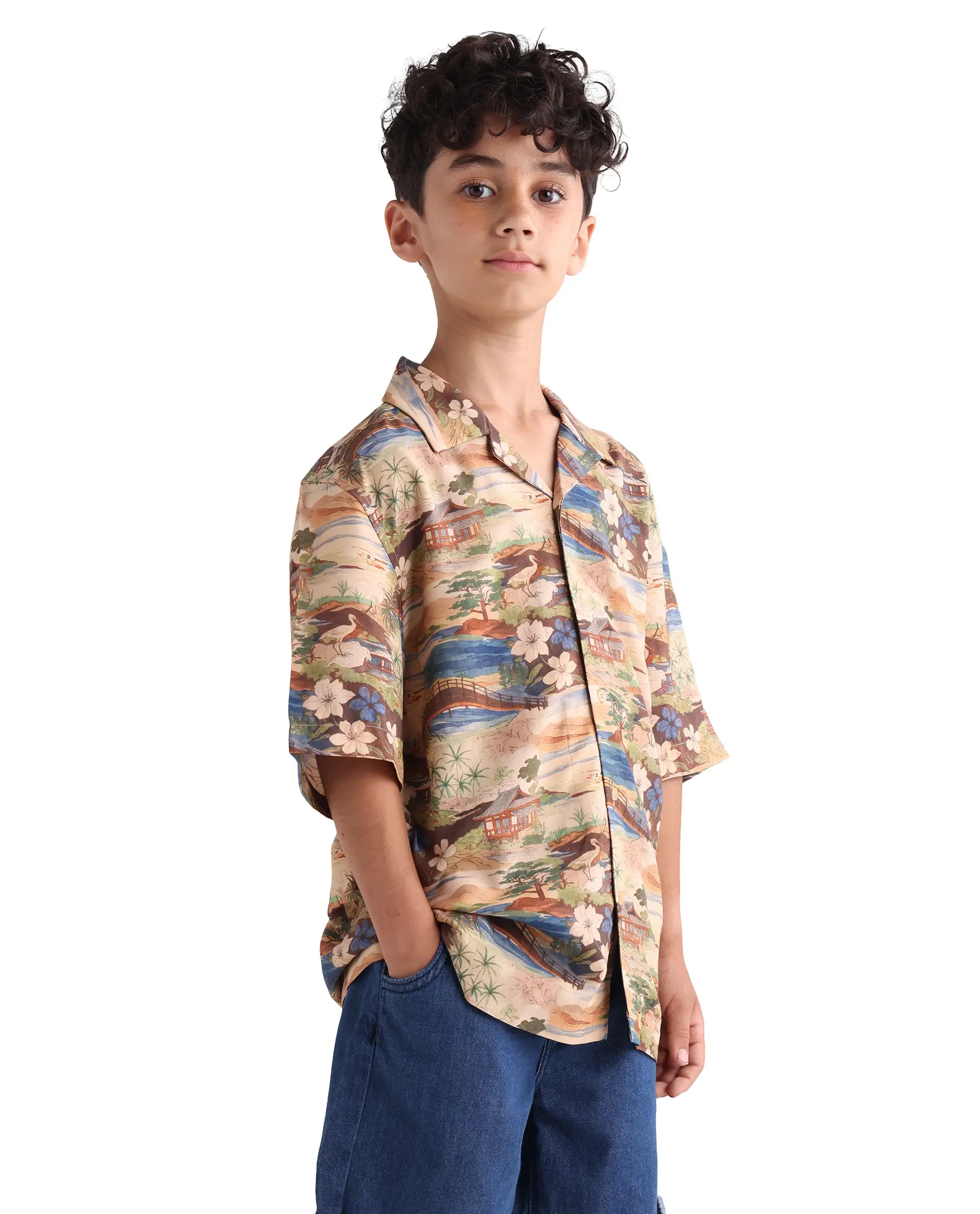 Rare Ones Kids Adon Brown Viscose Button Closure Regular Fit Shirt
