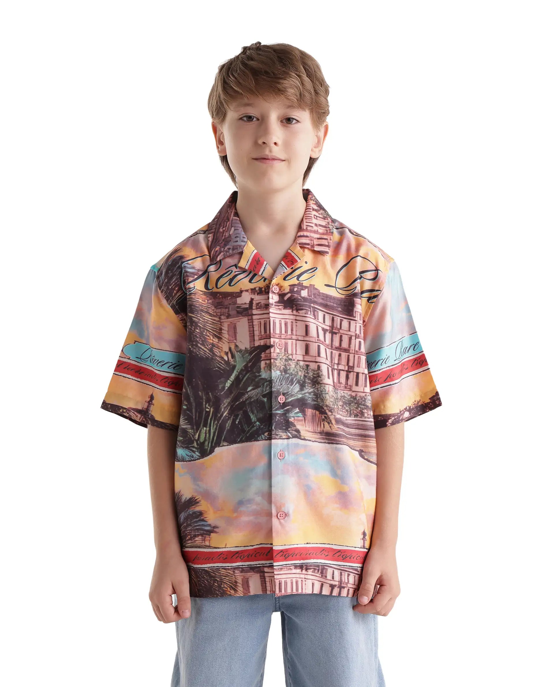 Rare Ones Kids Siff Orange Cotton Blend Button Closure Cuban Collar Regular Fit Shirt