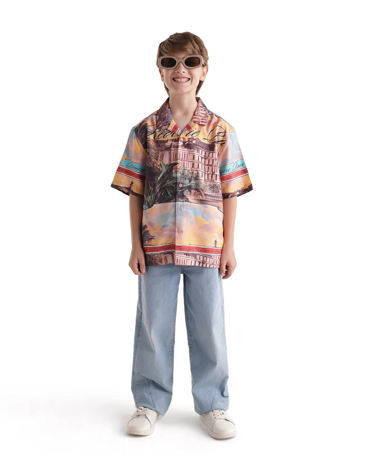 Rare Ones Kids Siff Orange Cotton Blend Button Closure Cuban Collar Regular Fit Shirt