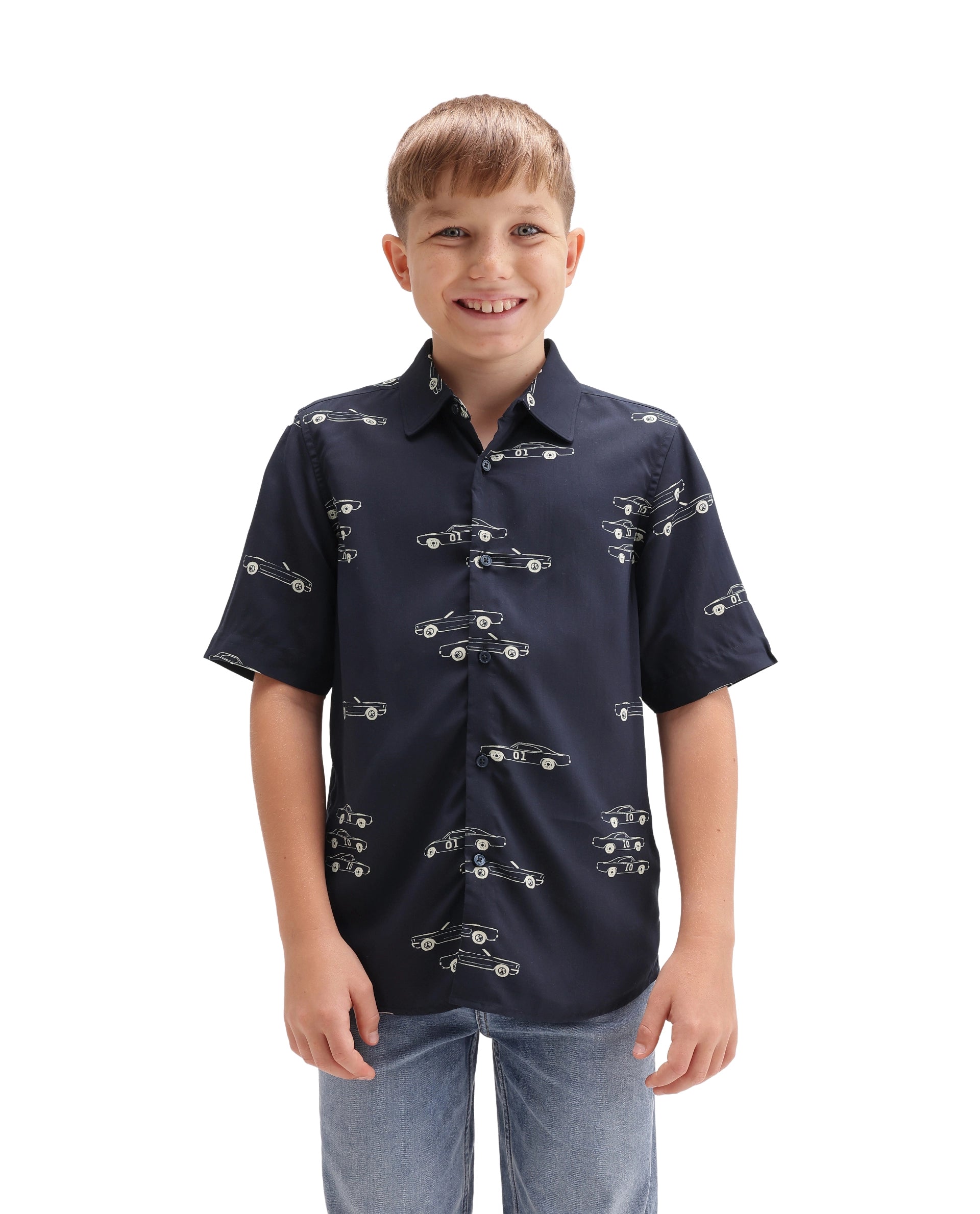 Rare Ones Kids Octa Navy Viscose Fabric Button Closure Regular Fit All Over Print Shirt
