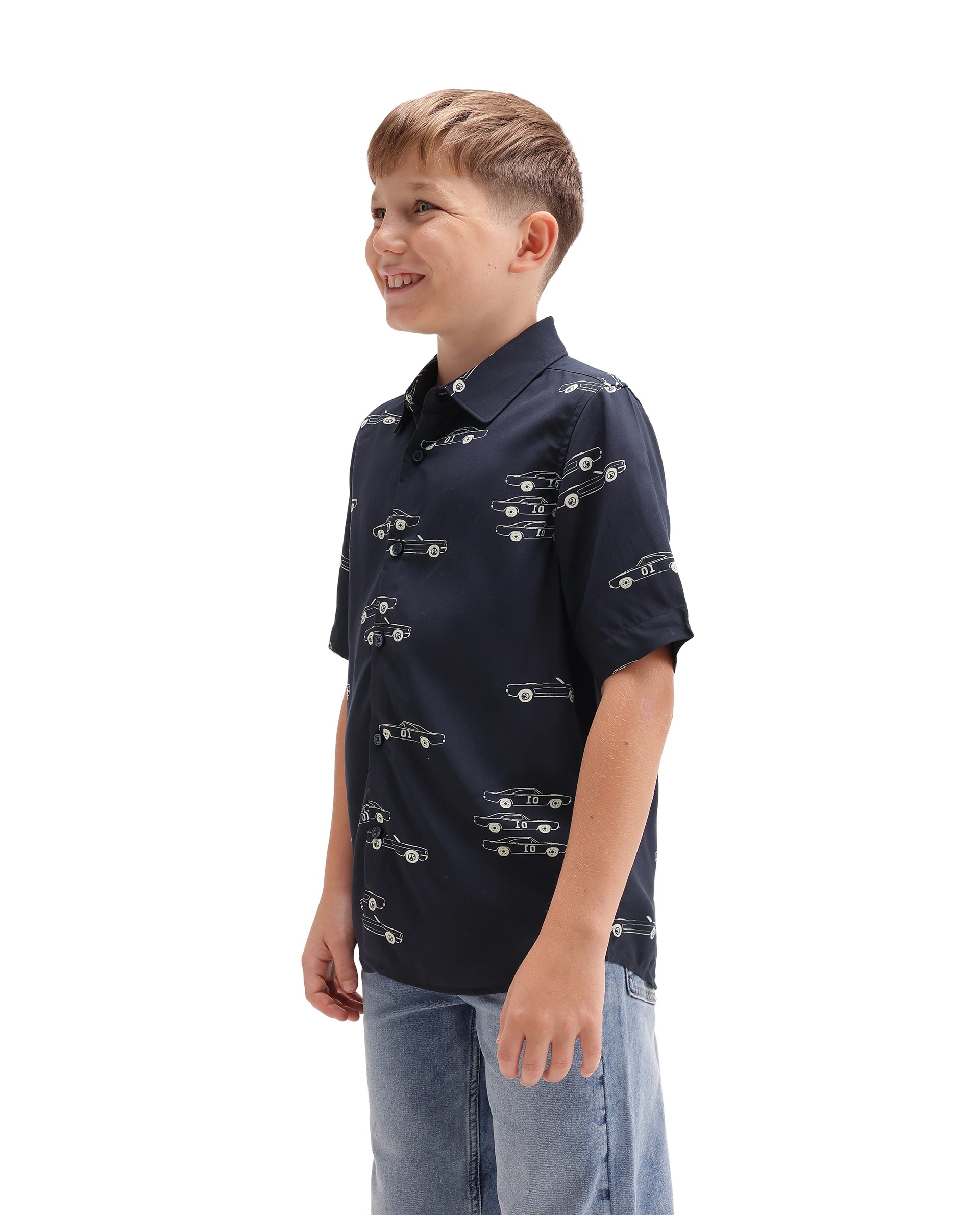 Rare Ones Kids Octa Navy Viscose Fabric Button Closure Regular Fit All Over Print Shirt