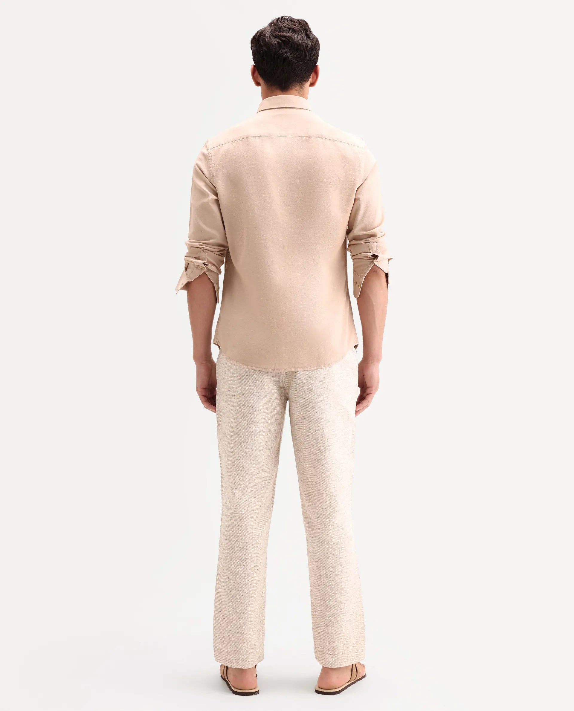 Rare Rabbit Men's Mina Beige Polyester Blend Fabric Regular Fit Plain Trouser