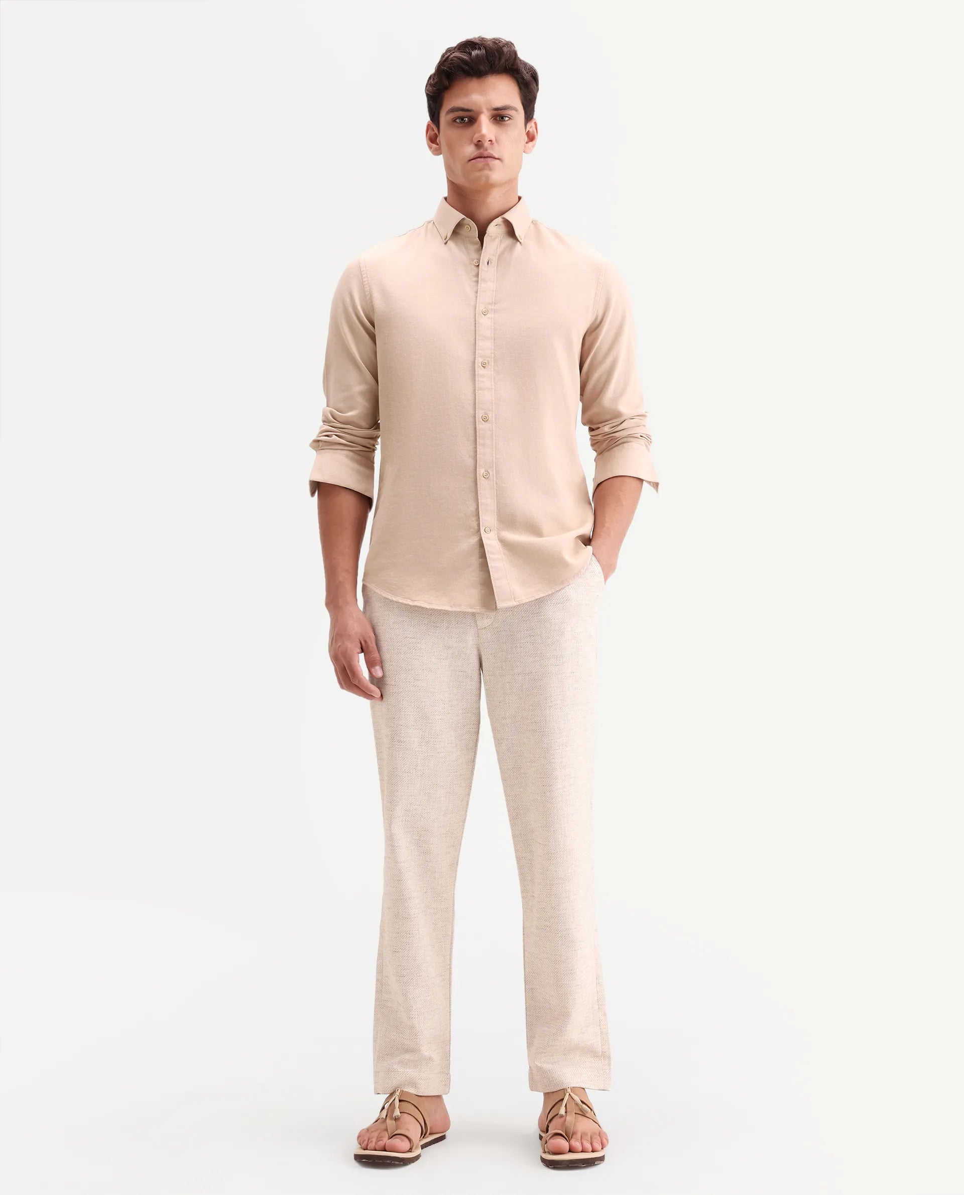 Rare Rabbit Men's Mina Beige Polyester Blend Fabric Regular Fit Plain Trouser