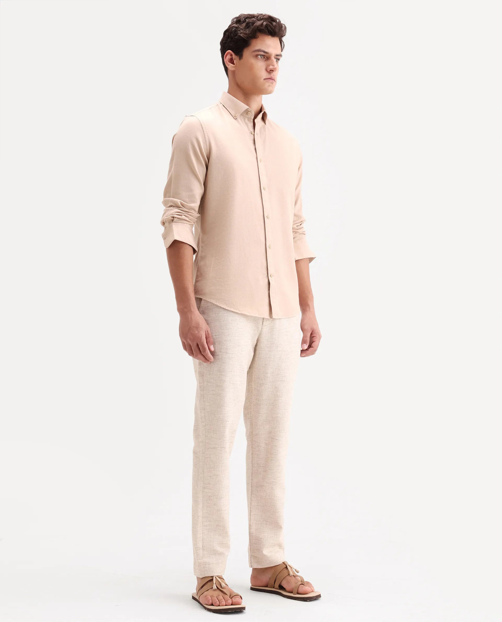 Rare Rabbit Men's Mina Beige Polyester Blend Fabric Regular Fit Plain Trouser