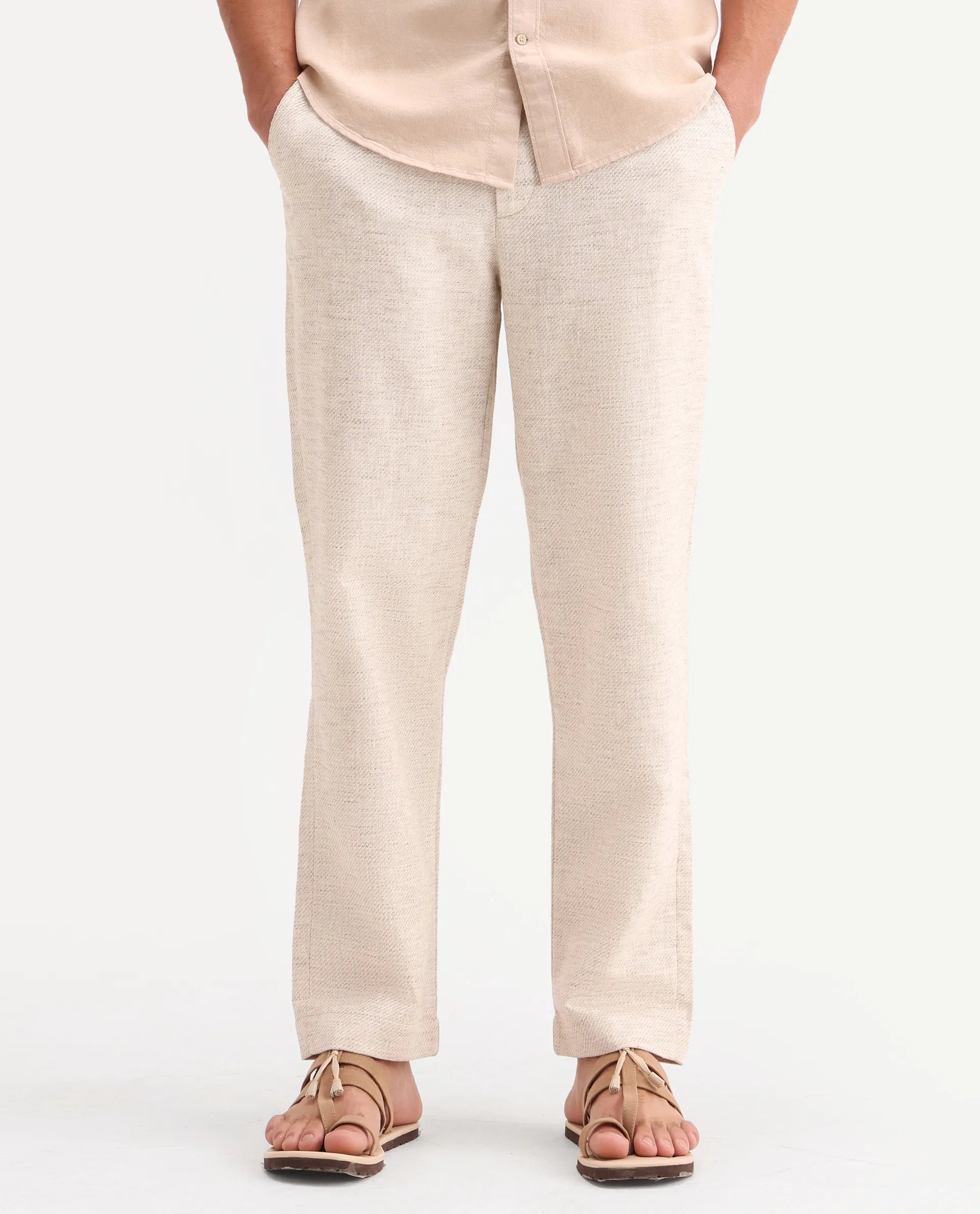 Rare Rabbit Men's Mina Beige Polyester Blend Fabric Regular Fit Plain Trouser