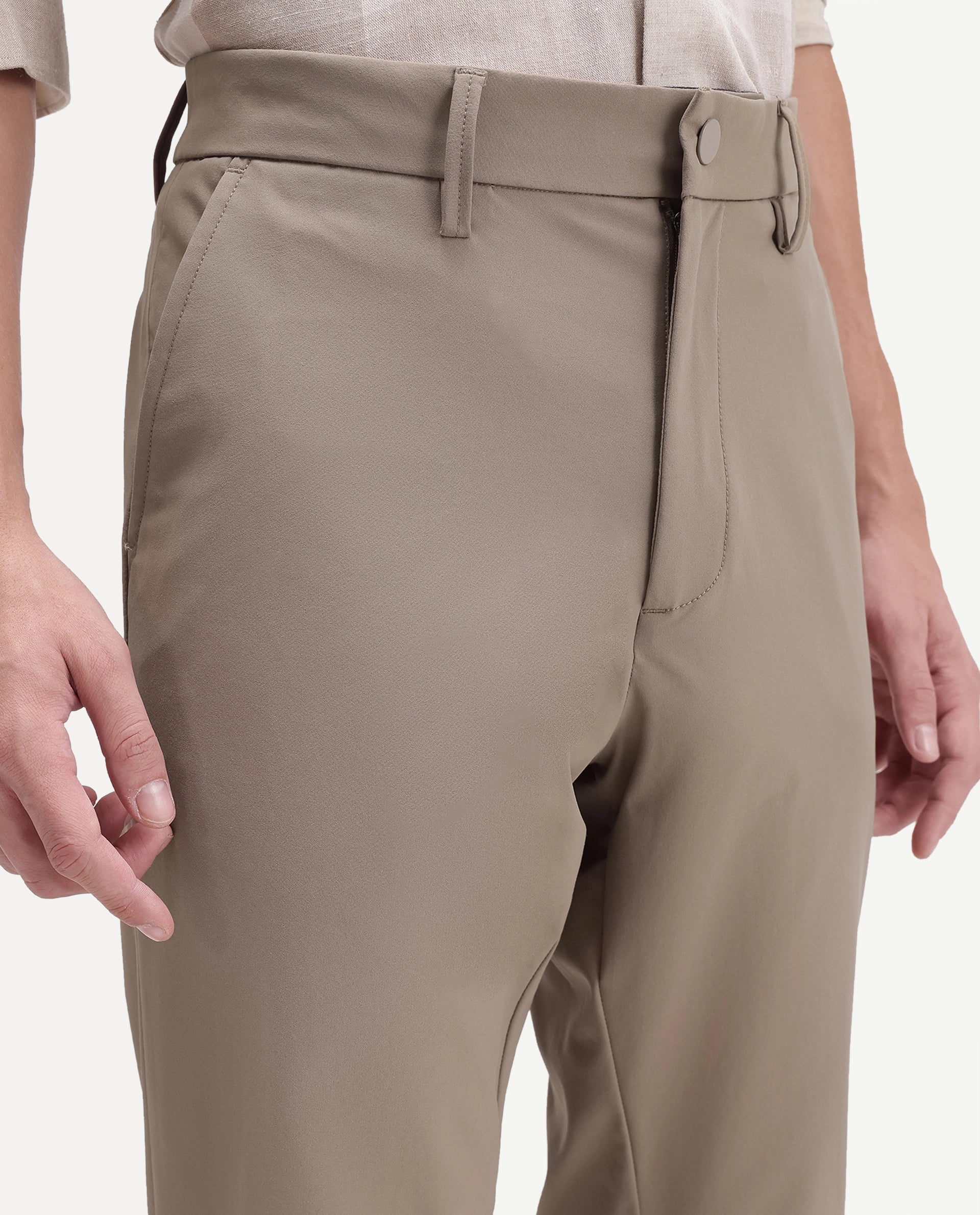 Rare Rabbit Men's Alvs Khaki Polyester Fabric Regular Fit Plain Trouser