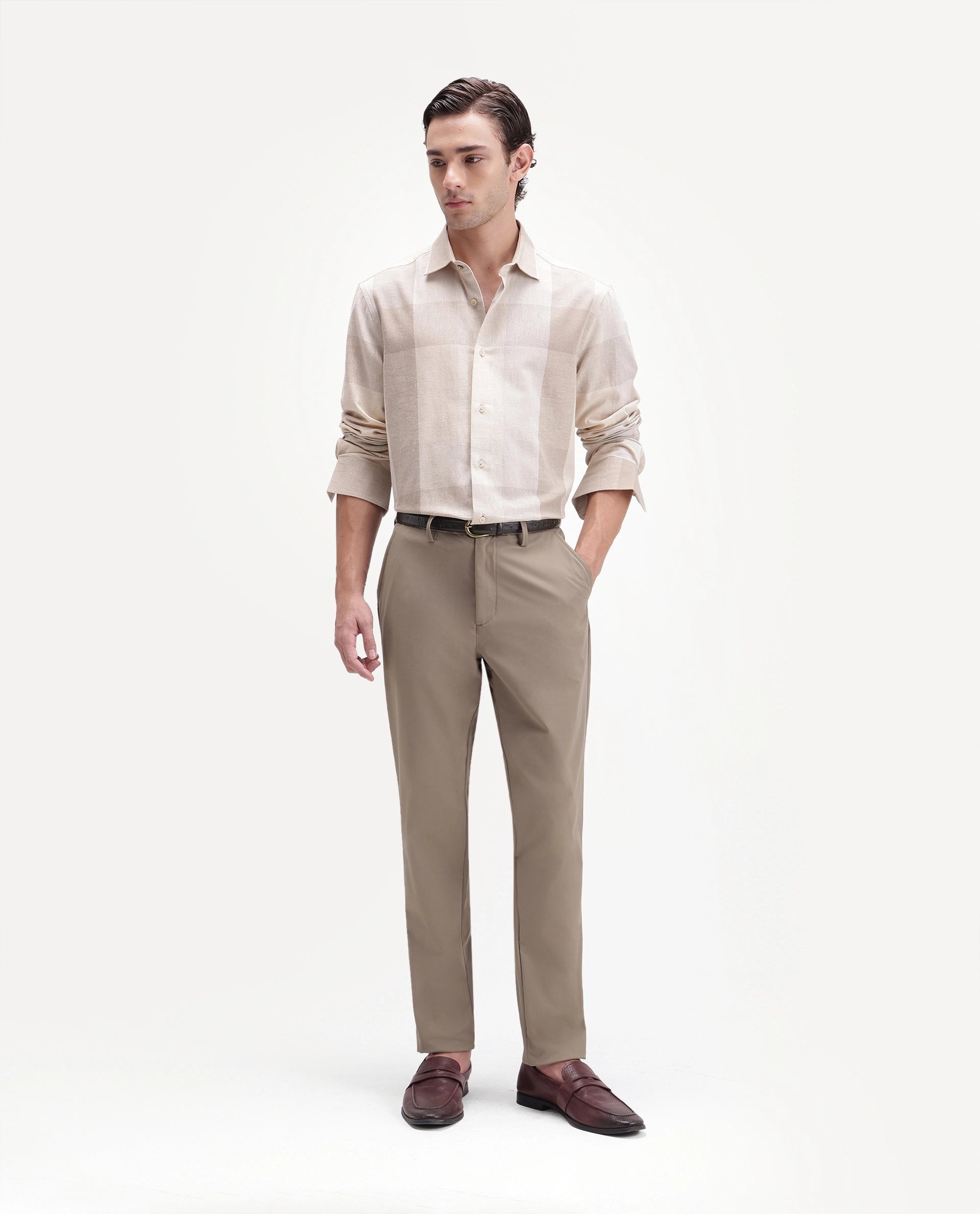 Rare Rabbit Men's Alvs Khaki Polyester Fabric Regular Fit Plain Trouser
