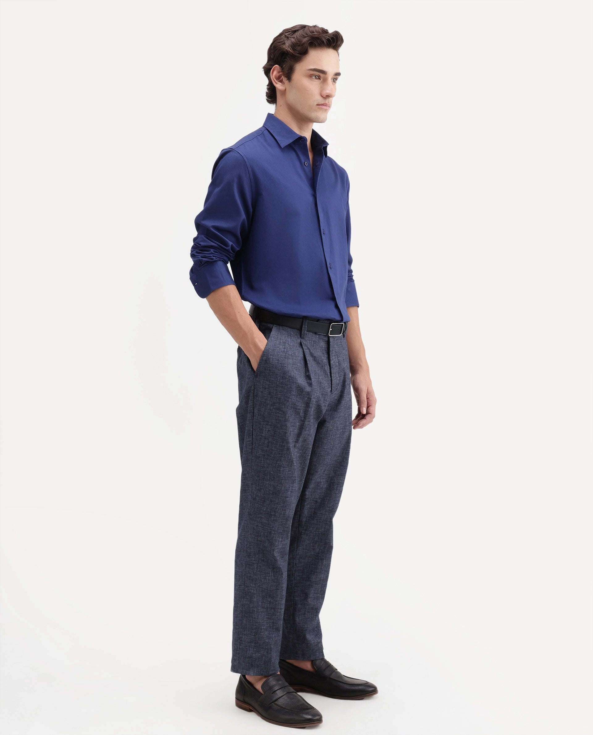 Rare Rabbit Men's Cami Dark Blue Cotton Blend Fabric Regular Fit Plain Trouser