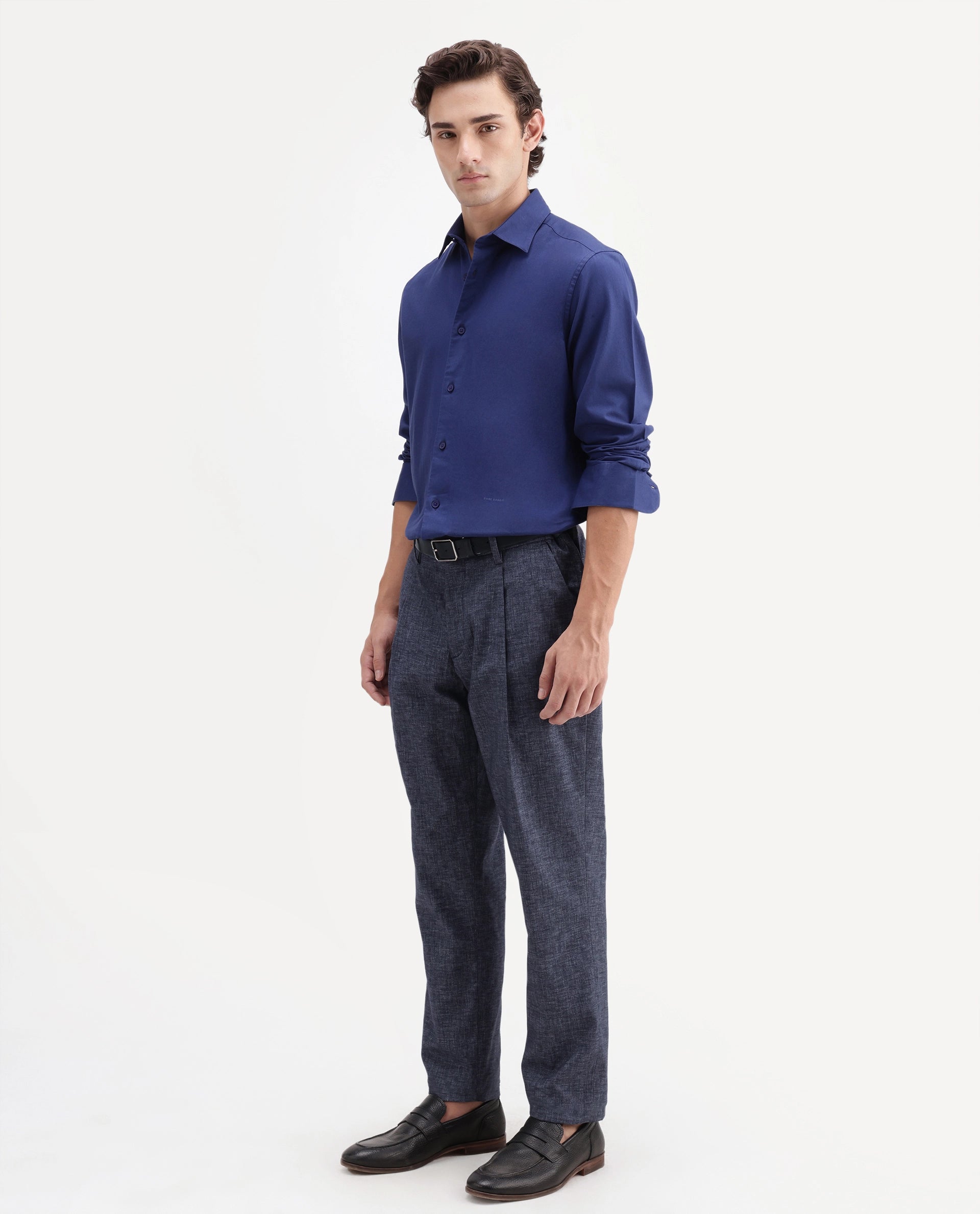 Rare Rabbit Men's Cami Dark Blue Cotton Blend Fabric Regular Fit Plain Trouser