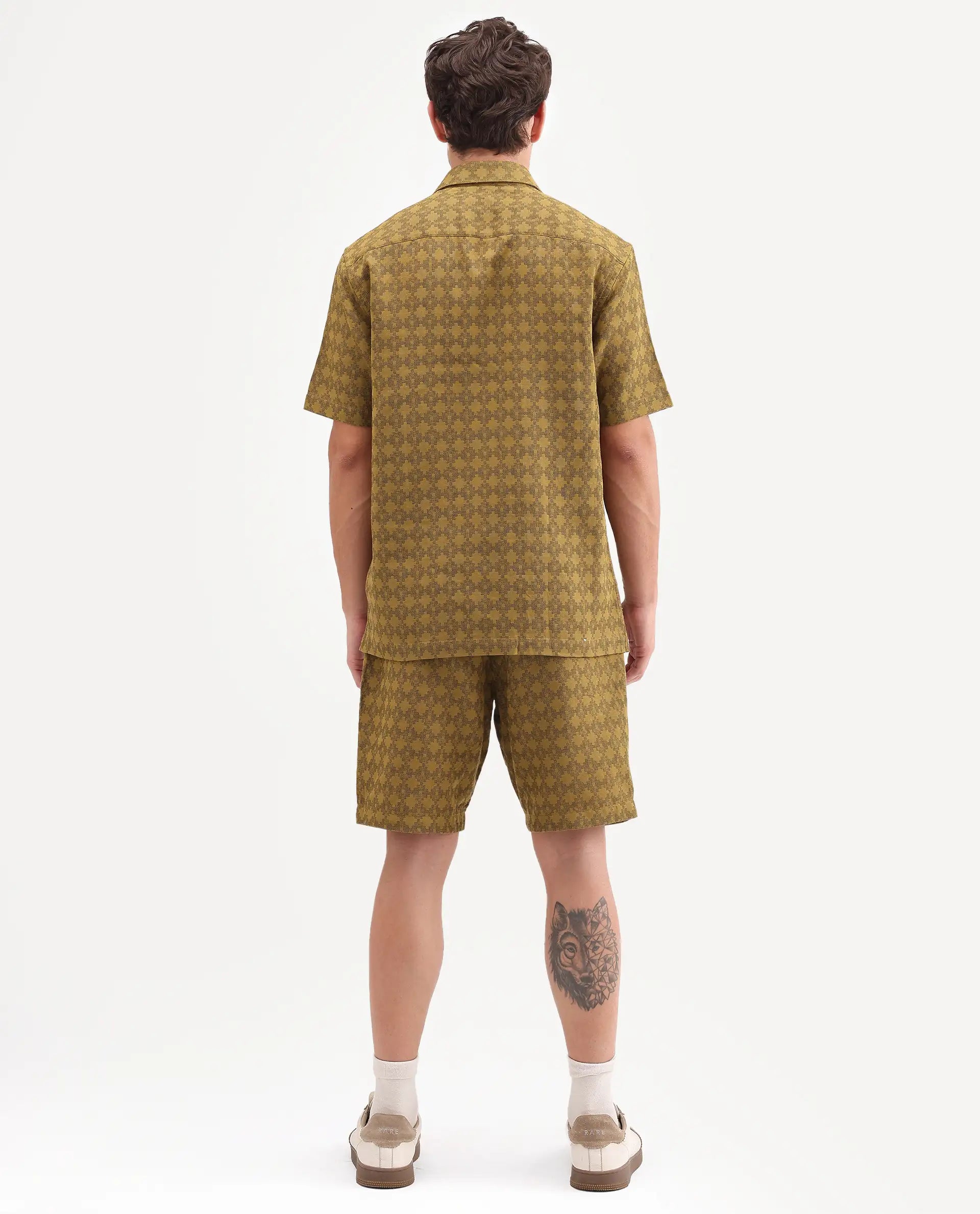 Rare Rabbit Men's Rance-T Mustard Cotton Fabric Regular Fit Plain Geometric Print Shorts