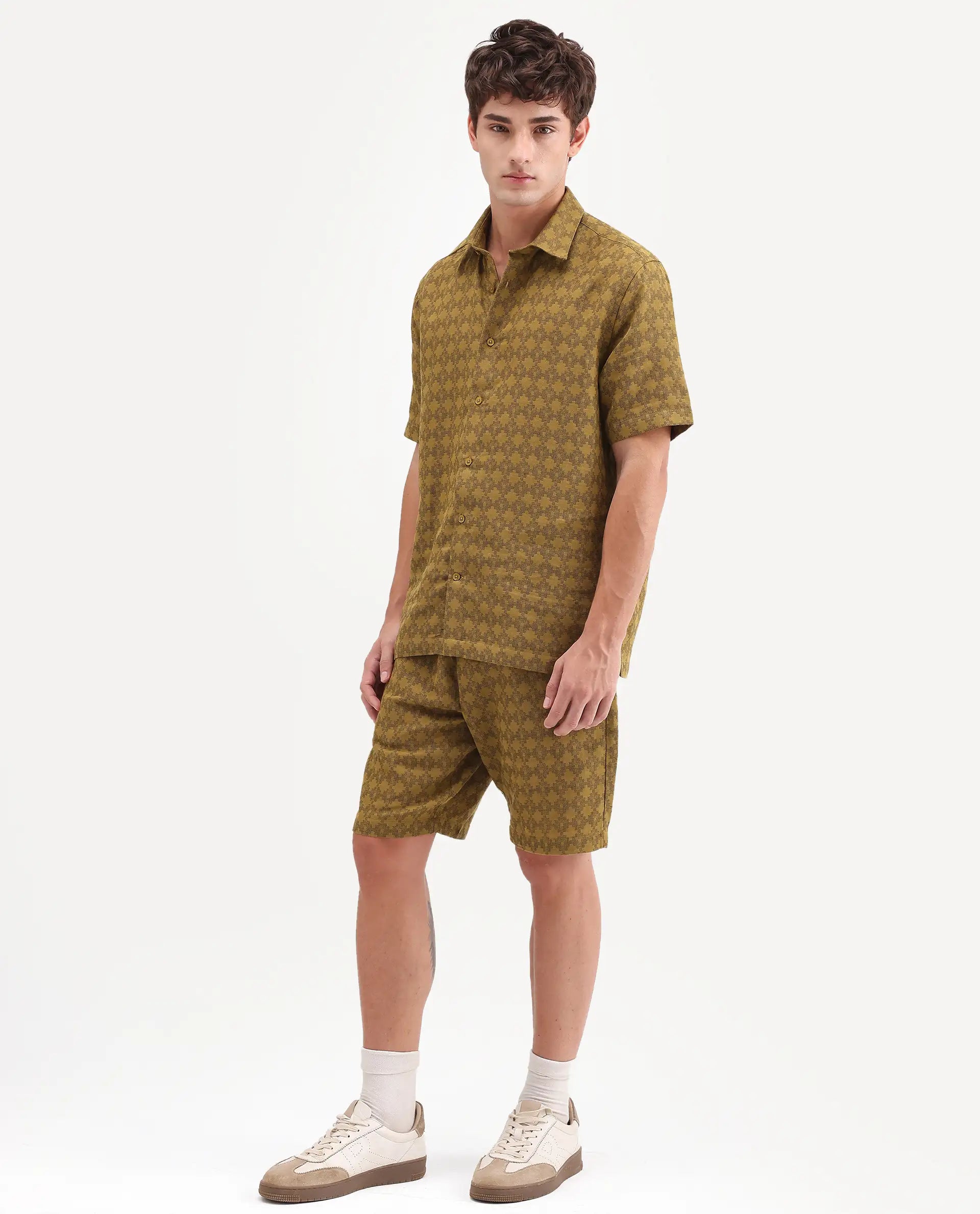 Rare Rabbit Men's Rance-T Mustard Cotton Fabric Regular Fit Plain Geometric Print Shorts