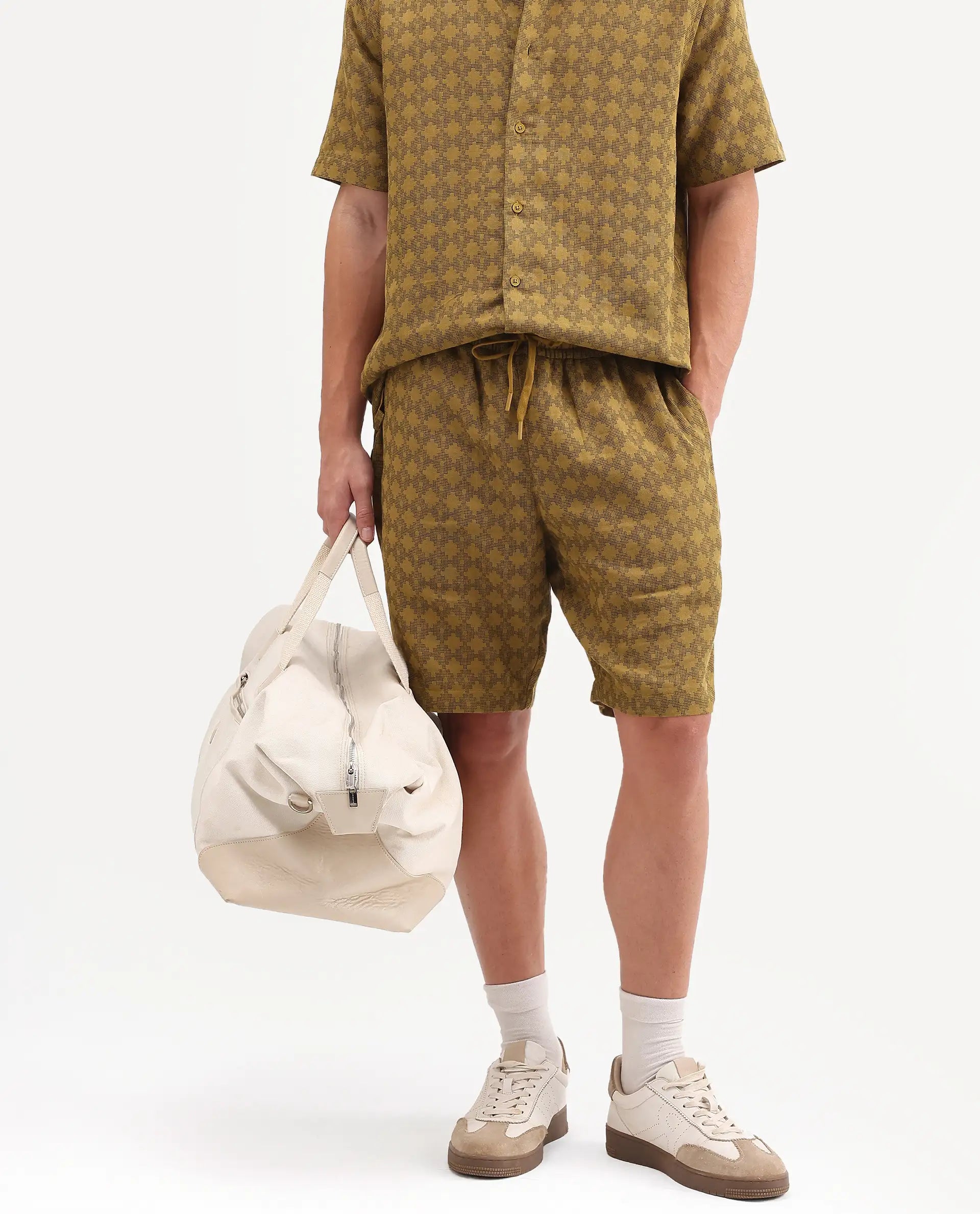 Rare Rabbit Men's Rance-T Mustard Cotton Fabric Regular Fit Plain Geometric Print Shorts