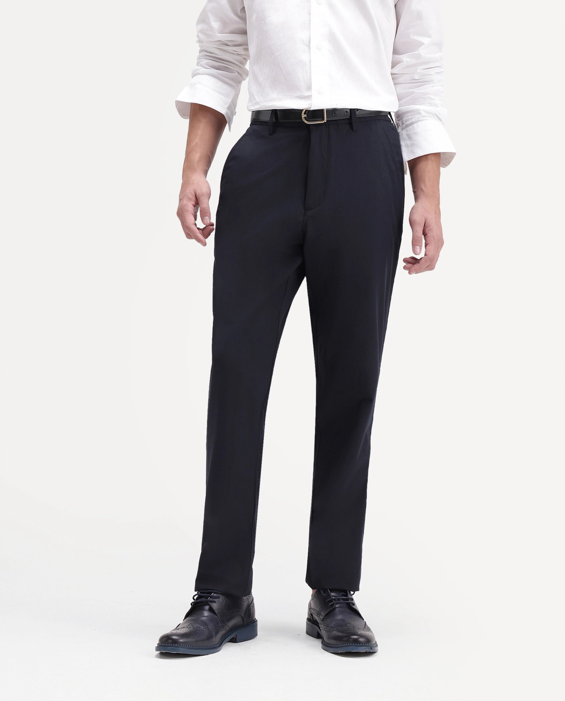 Rare Rabbit Men's Edom-B Navy Polyester Blend Fabric Regular Fit Plain Trouser