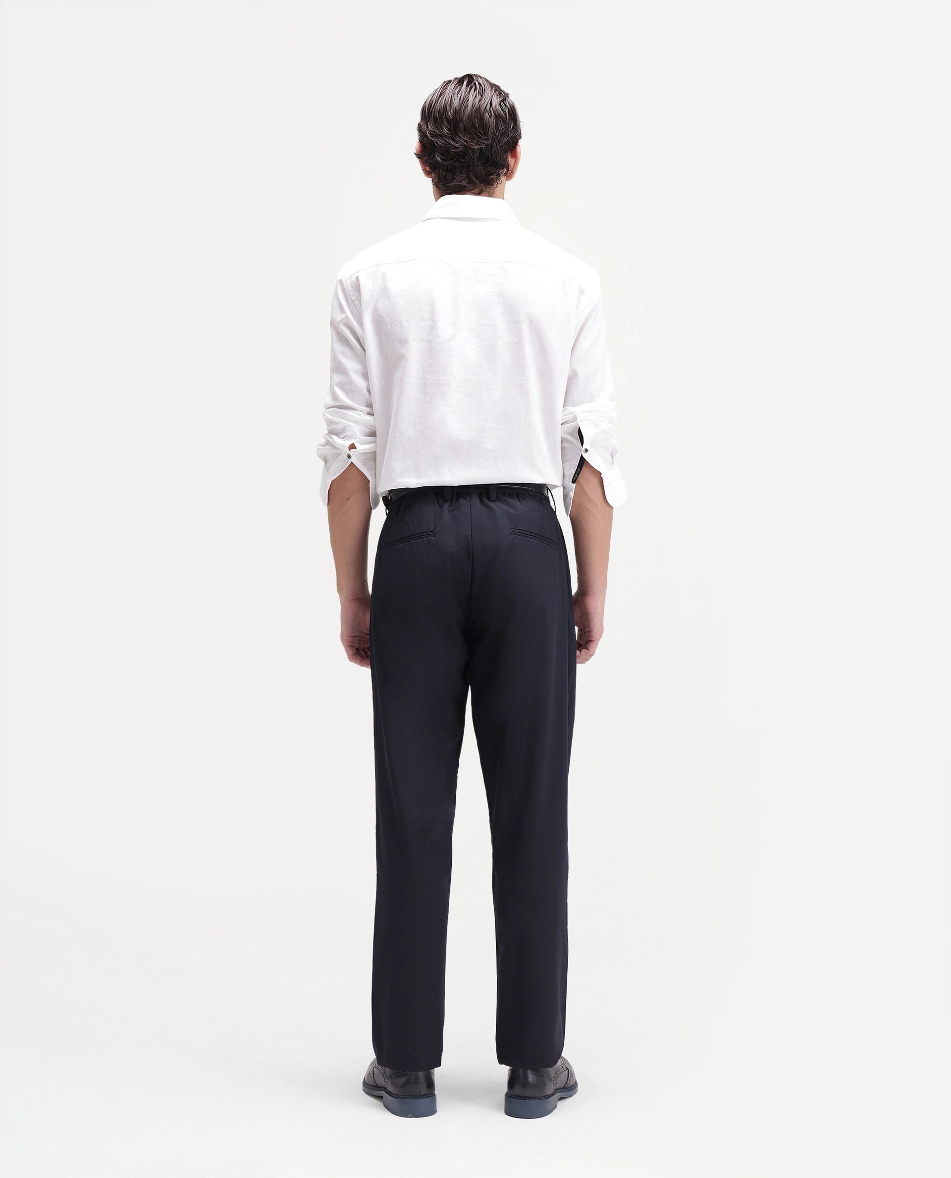Rare Rabbit Men's Edom-B Navy Polyester Blend Fabric Regular Fit Plain Trouser