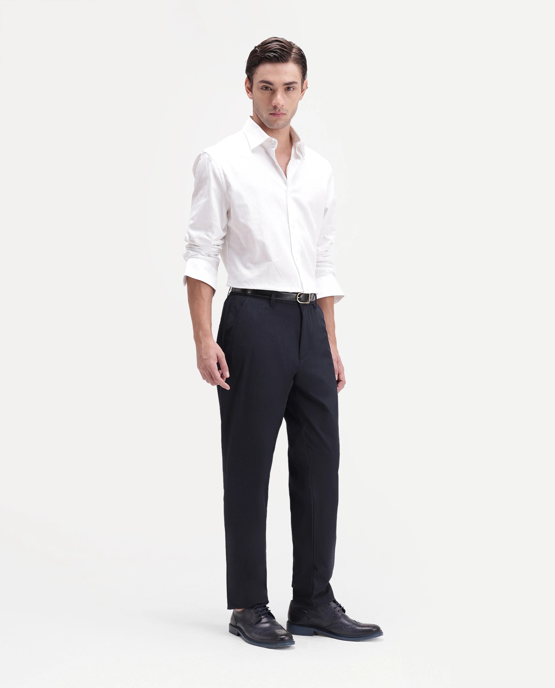 Rare Rabbit Men's Edom-B Navy Polyester Blend Fabric Regular Fit Plain Trouser