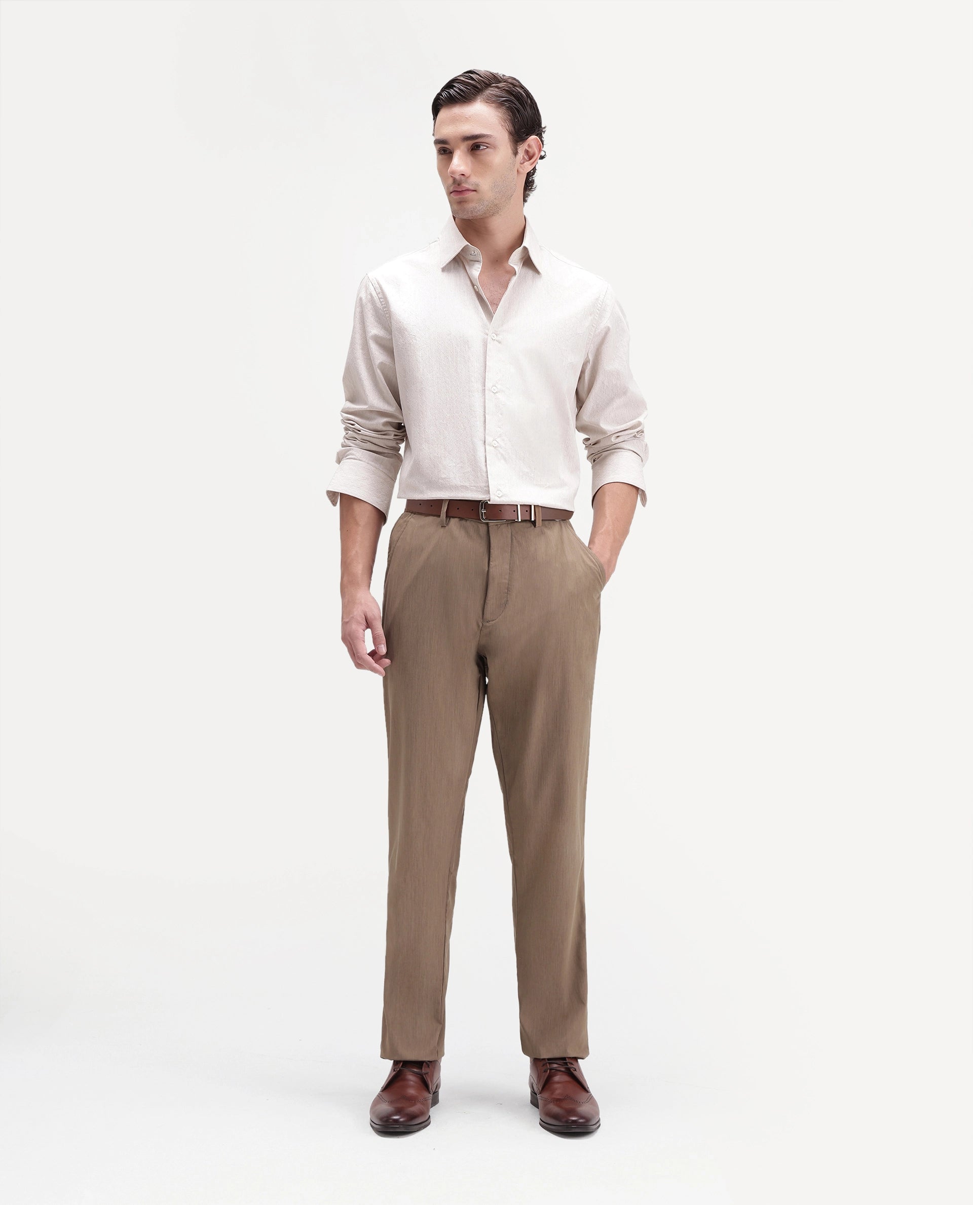 Rare Rabbit Men's Edom-B Light Brown Polyester Blend Fabric Regular Fit Plain Trouser