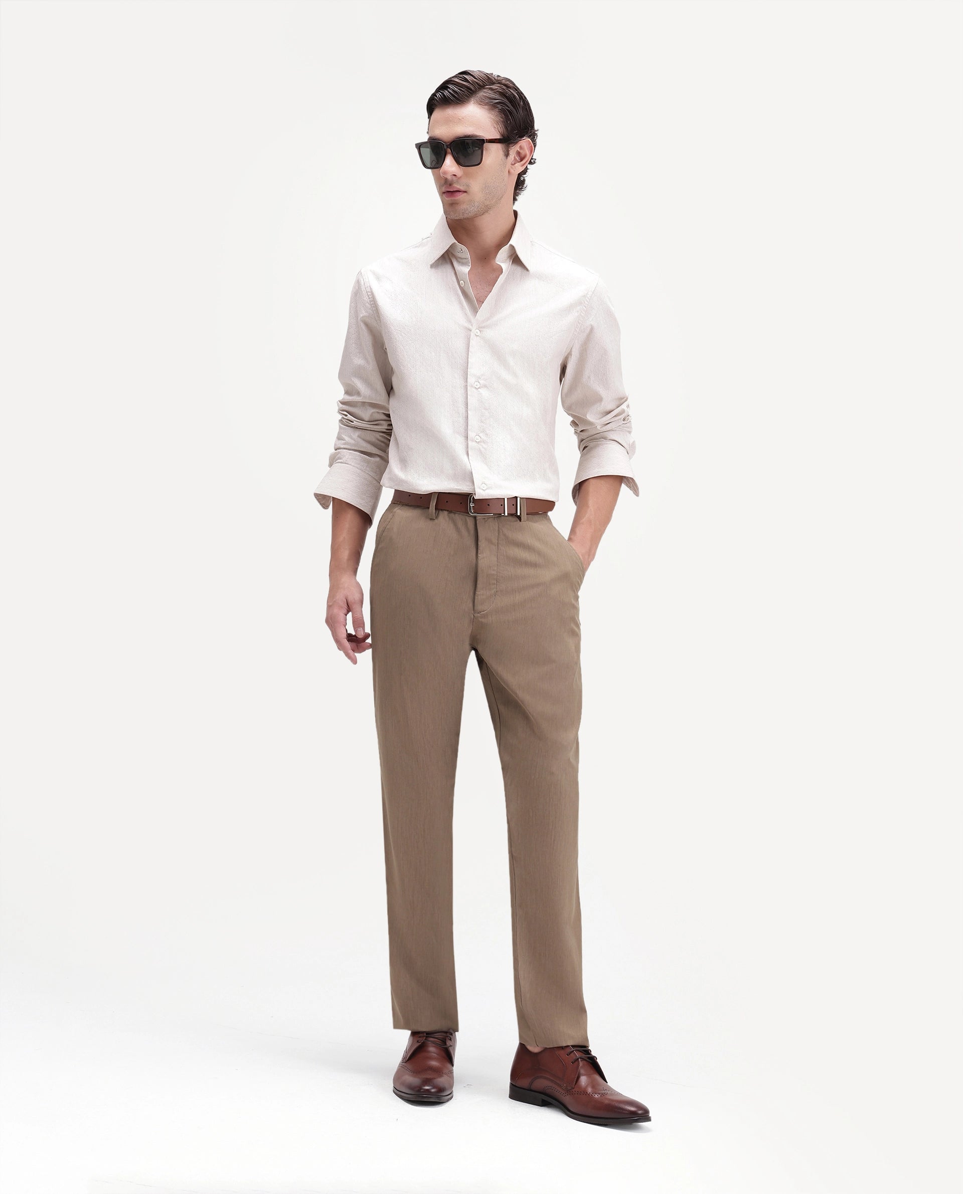 Rare Rabbit Men's Edom-B Light Brown Polyester Blend Fabric Regular Fit Plain Trouser