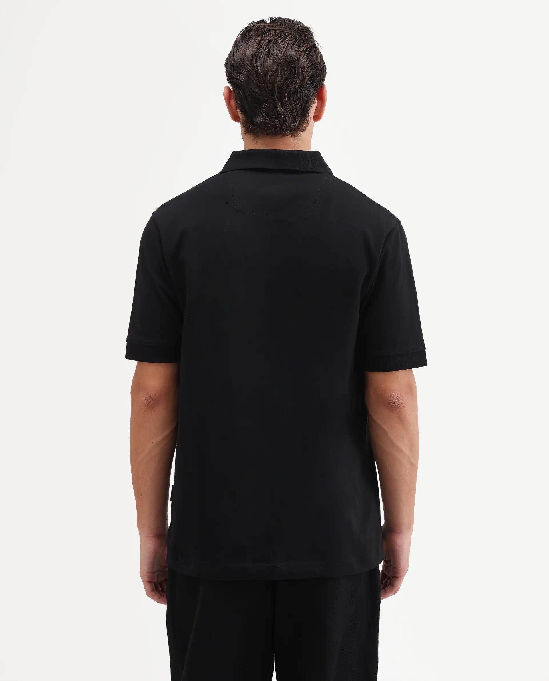 Rare Rabbit Men's Verlo Black Cotton Blend Fabric Half Sleeve Spread Collar Regular Fit Plain Polo