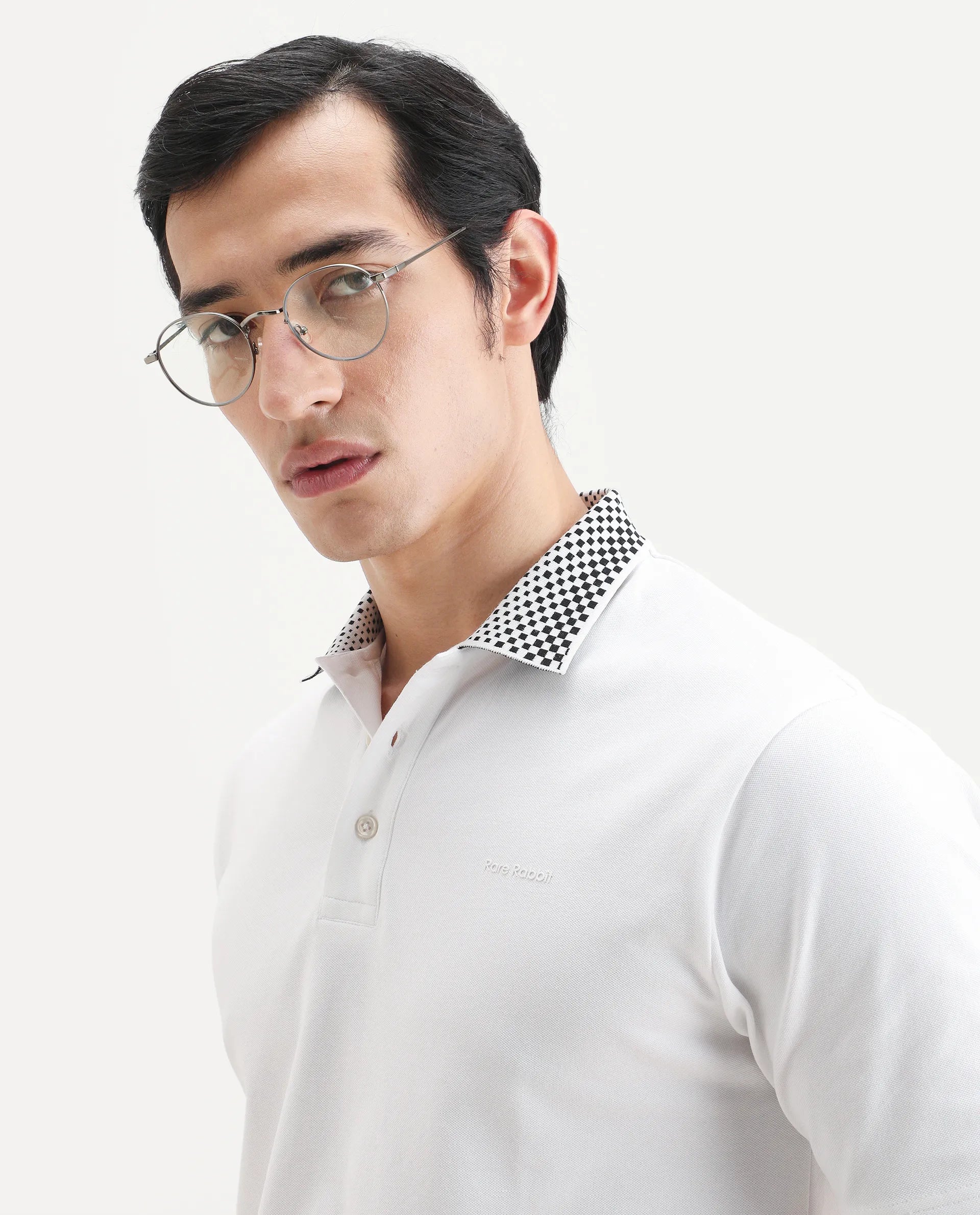 Rare Rabbit Men's Chesk White Cotton Blend Fabric Half Sleeve Spread Collar Regular Fit Plain Polo