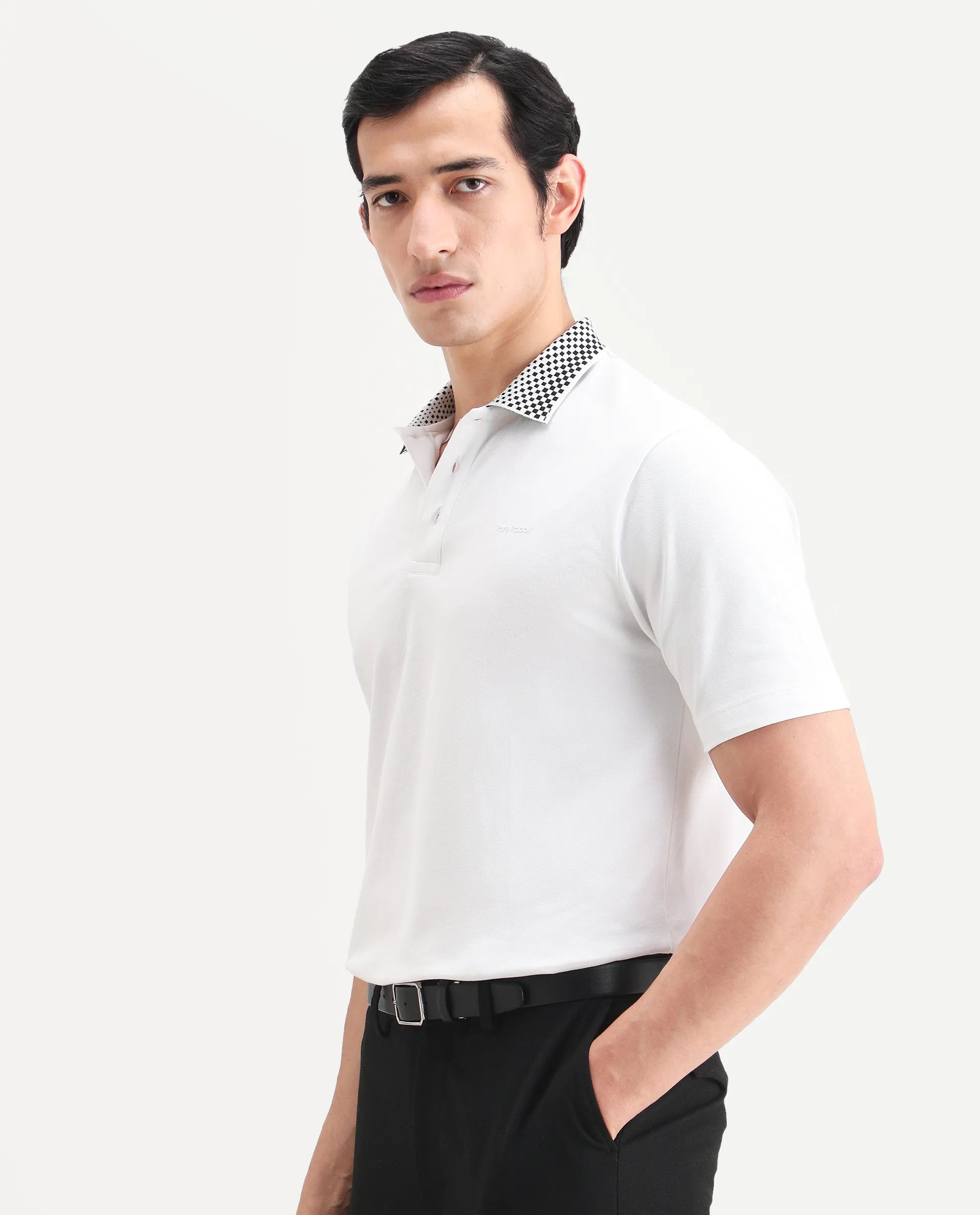 Rare Rabbit Men's Chesk White Cotton Blend Fabric Half Sleeve Spread Collar Regular Fit Plain Polo