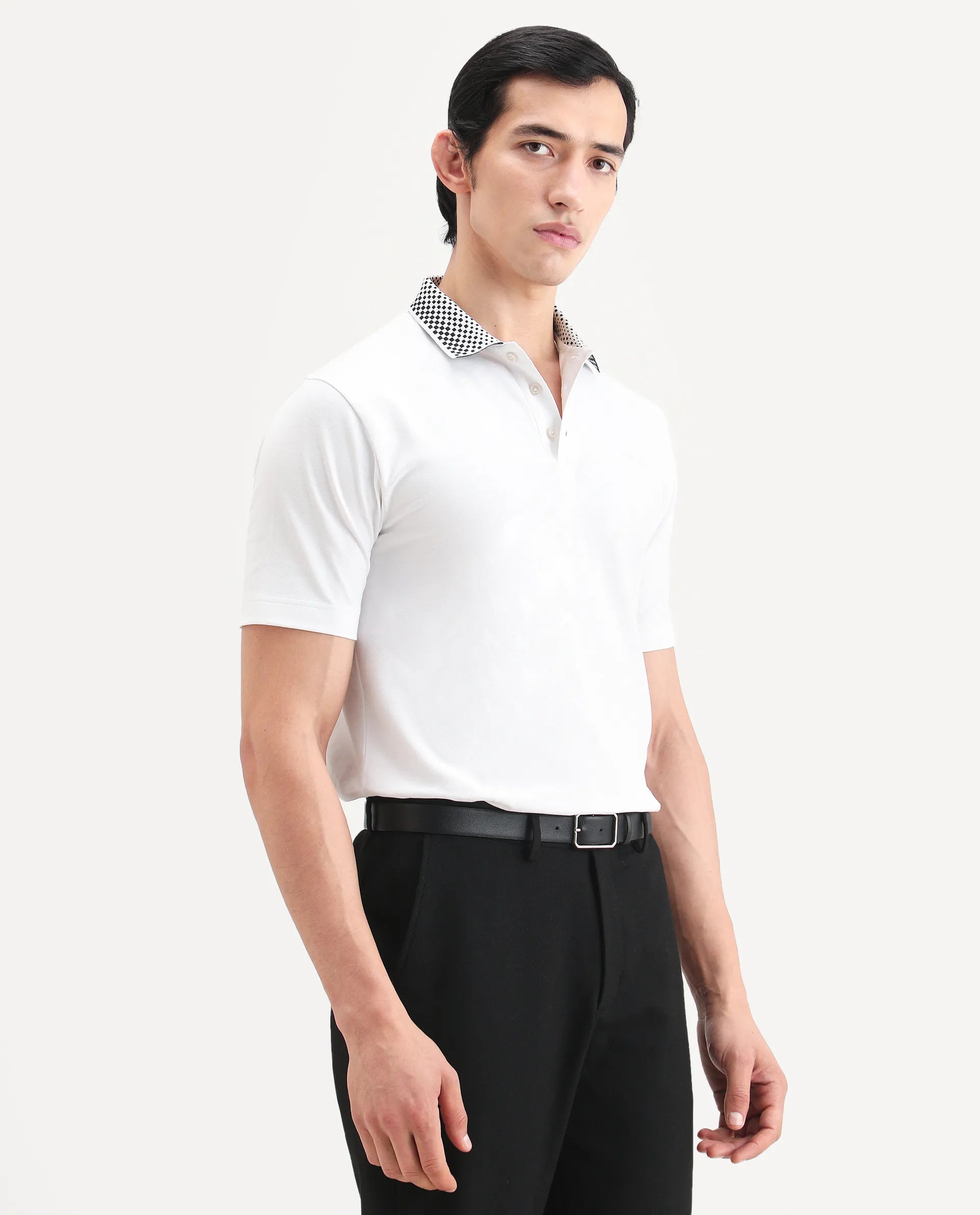 Rare Rabbit Men's Chesk White Cotton Blend Fabric Half Sleeve Spread Collar Regular Fit Plain Polo