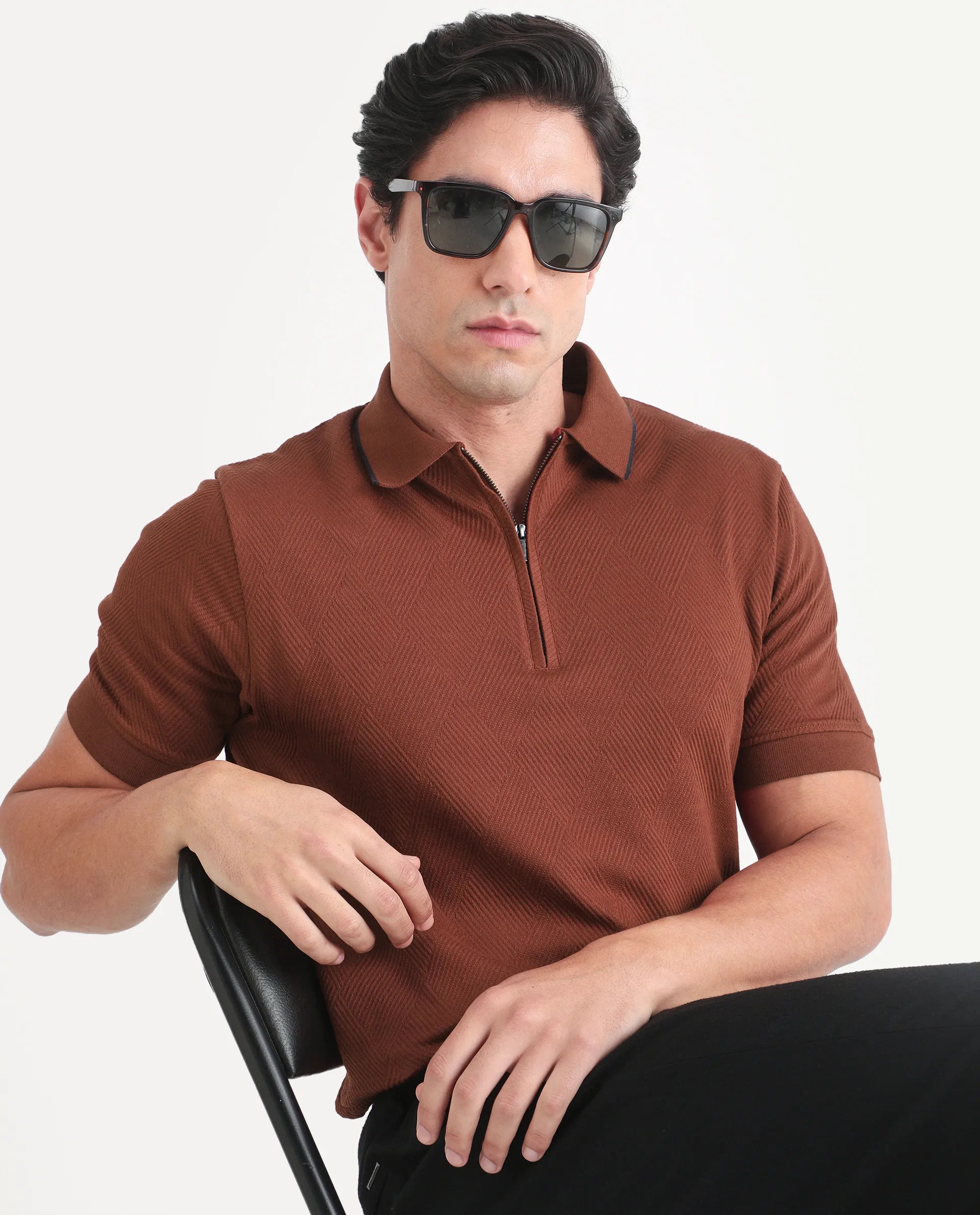 Rare Rabbit Men's Argyn Rust Cotton Fabric Half Sleeve Spread Collar Regular Fit Textured Polo