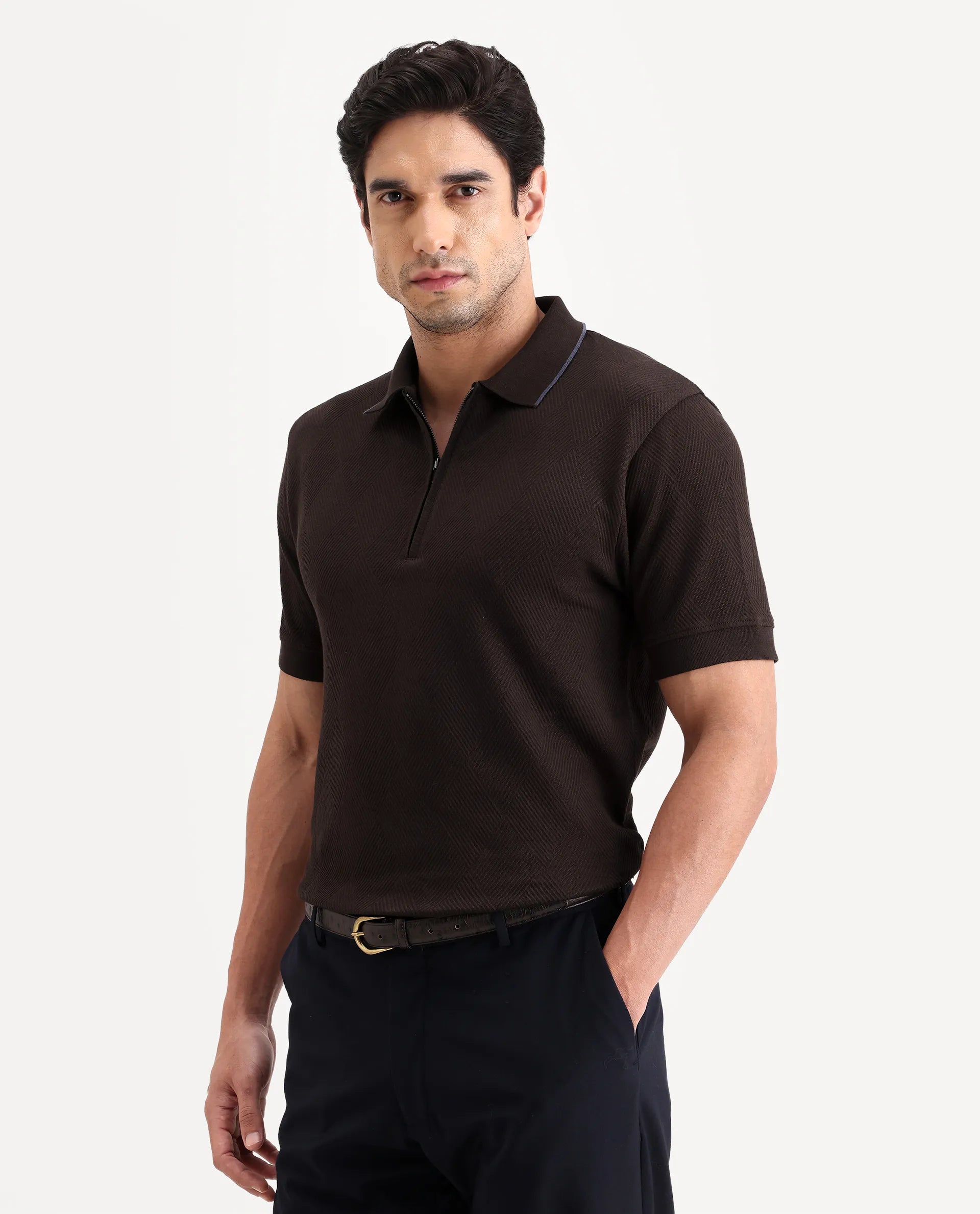 Rare Rabbit Men's Argyn Dark Brown Cotton Fabric Half Sleeve Spread Collar Regular Fit Textured Polo