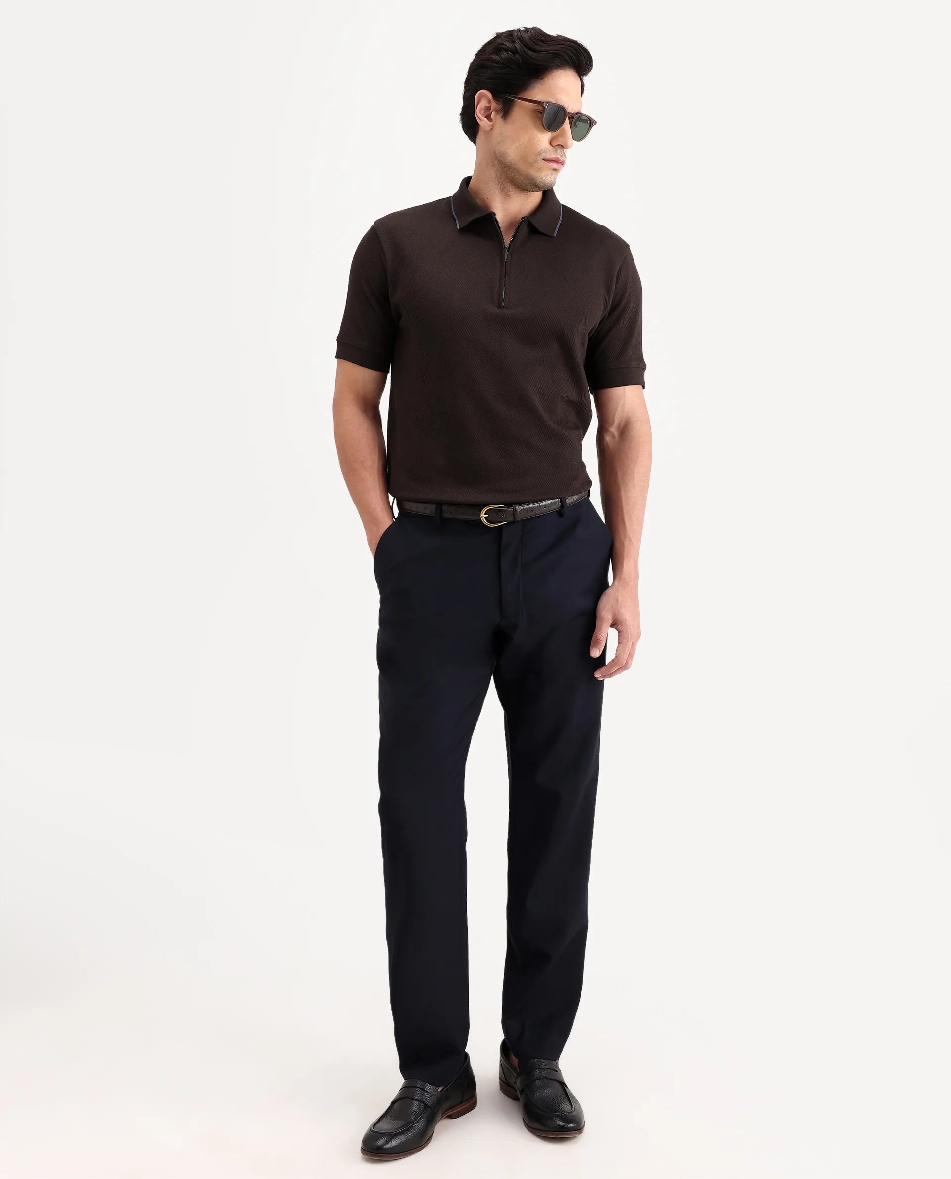 Rare Rabbit Men's Argyn Dark Brown Cotton Fabric Half Sleeve Spread Collar Regular Fit Textured Polo