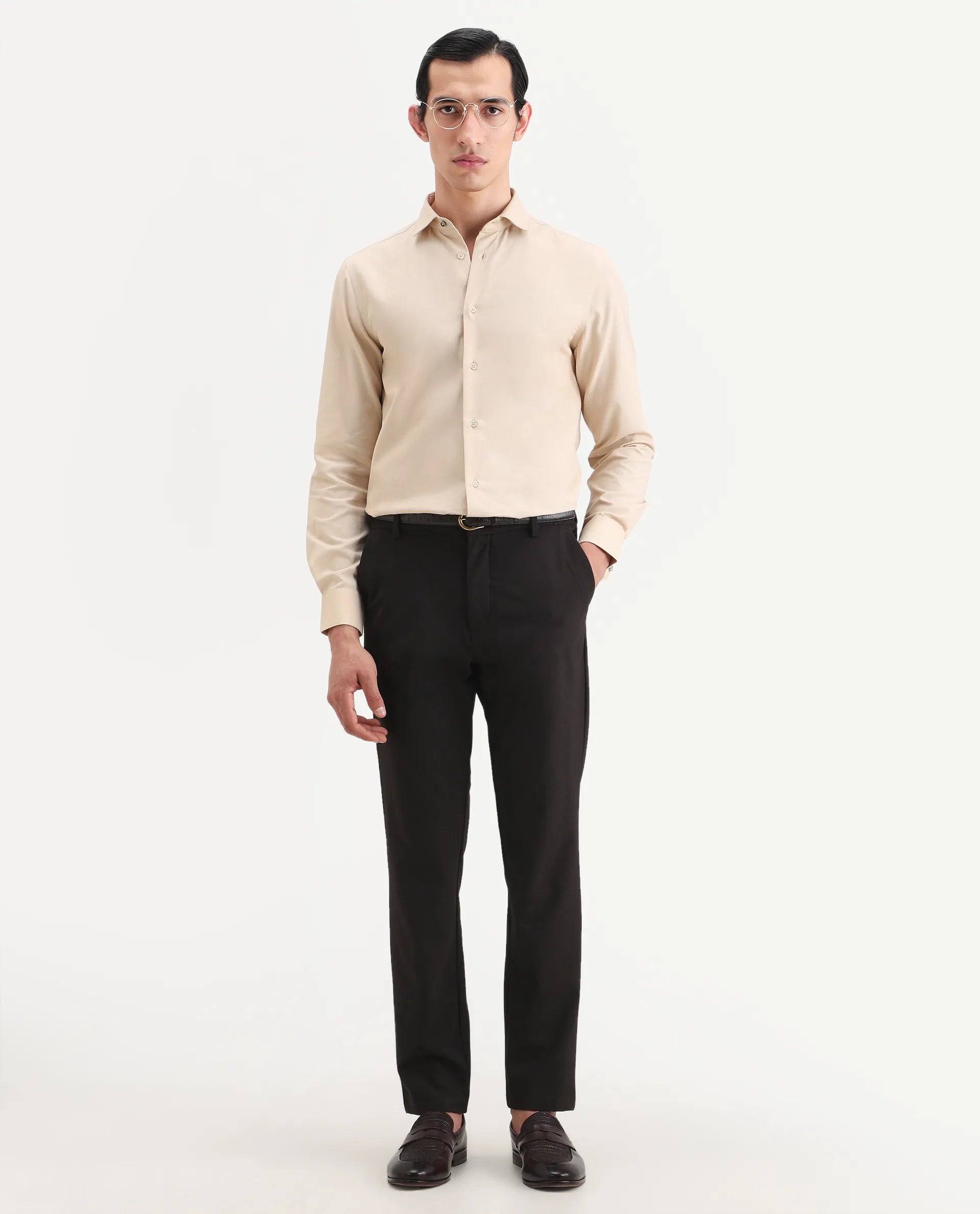 Rare Rabbit Men's Lasko-26 Beige Cotton Fabric Full Sleeve Spread Collar Regular Fit Plain Shirt