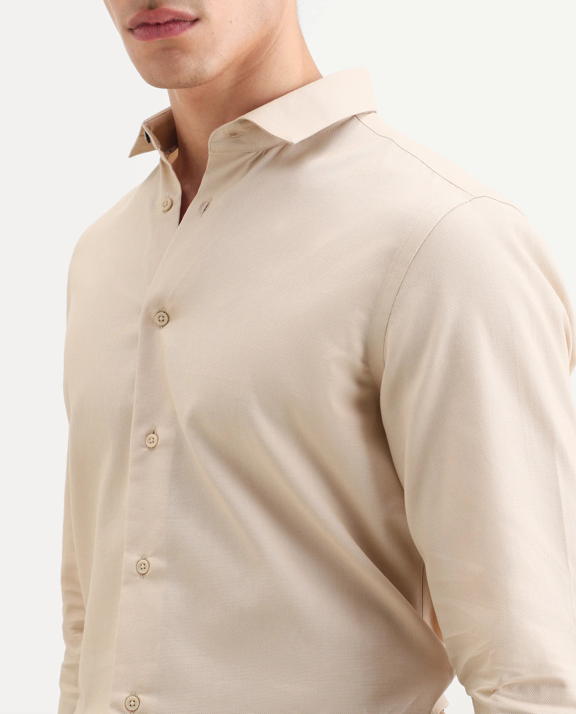 Rare Rabbit Men's Lasko-26 Beige Cotton Fabric Full Sleeve Spread Collar Regular Fit Plain Shirt