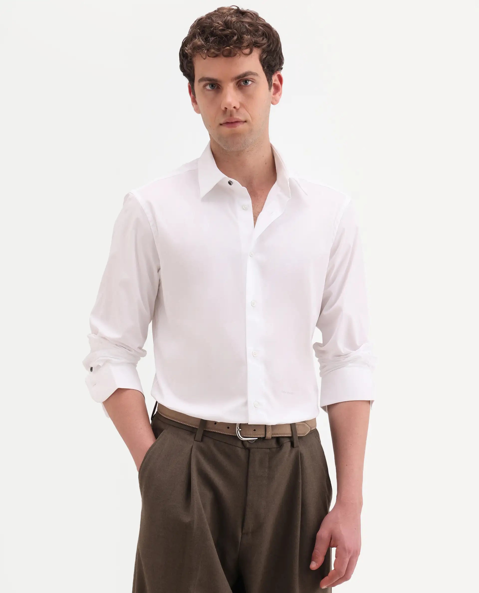 Rare Rabbit Men's Neutron-Ss26 White Cotton Blend Full Sleeve Spread Collar Regular Fit Plain Shirt