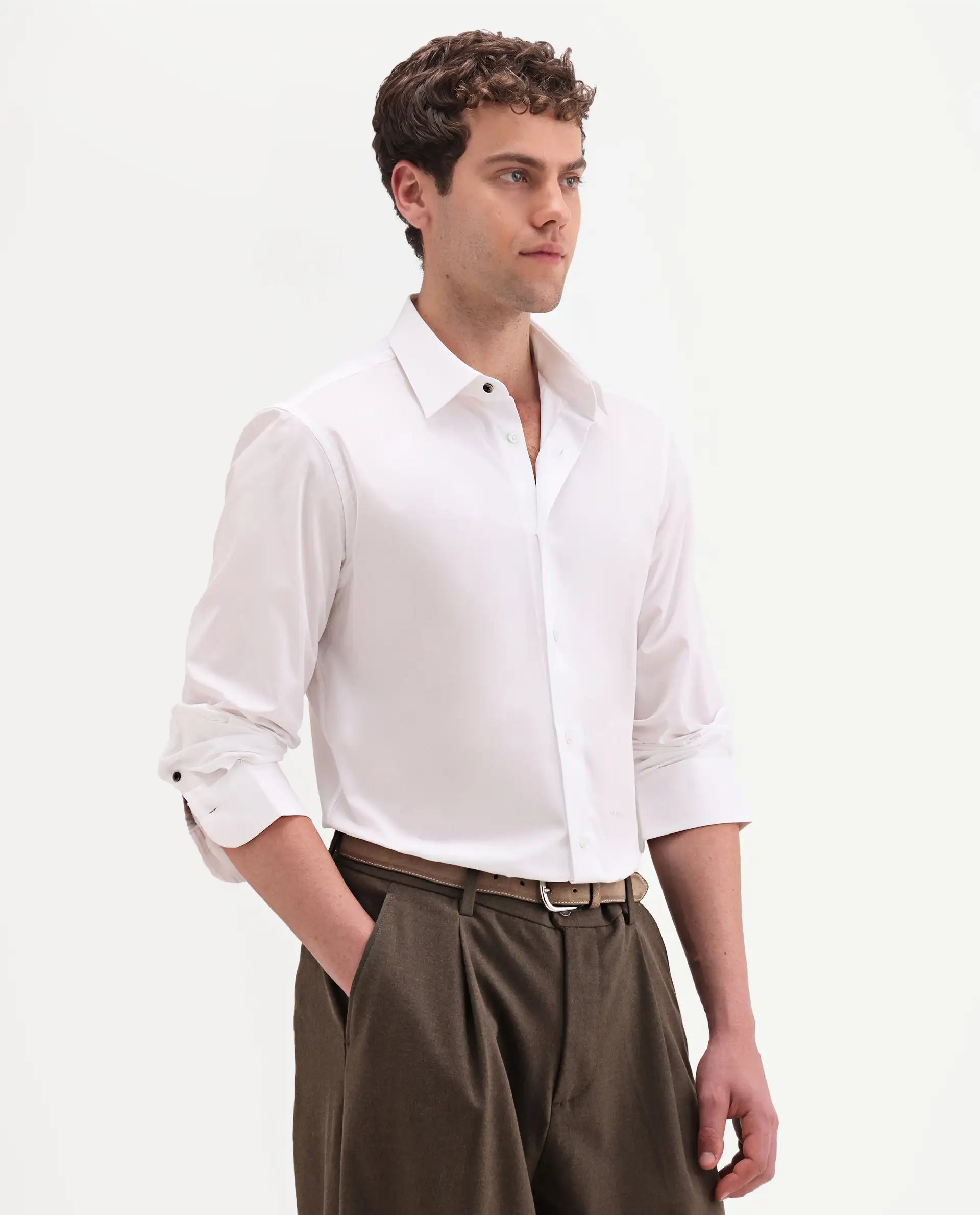 Rare Rabbit Men's Neutron-Ss26 White Cotton Blend Full Sleeve Spread Collar Regular Fit Plain Shirt