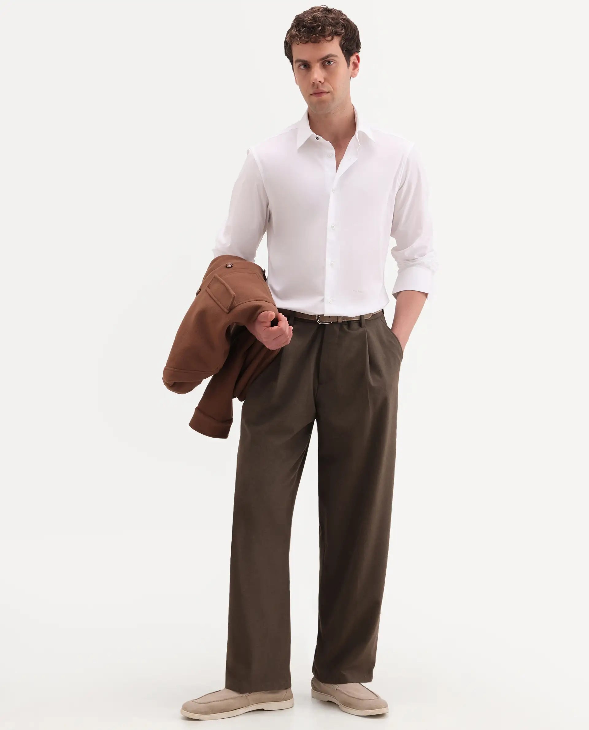 Rare Rabbit Men's Neutron-Ss26 White Cotton Blend Full Sleeve Spread Collar Regular Fit Plain Shirt