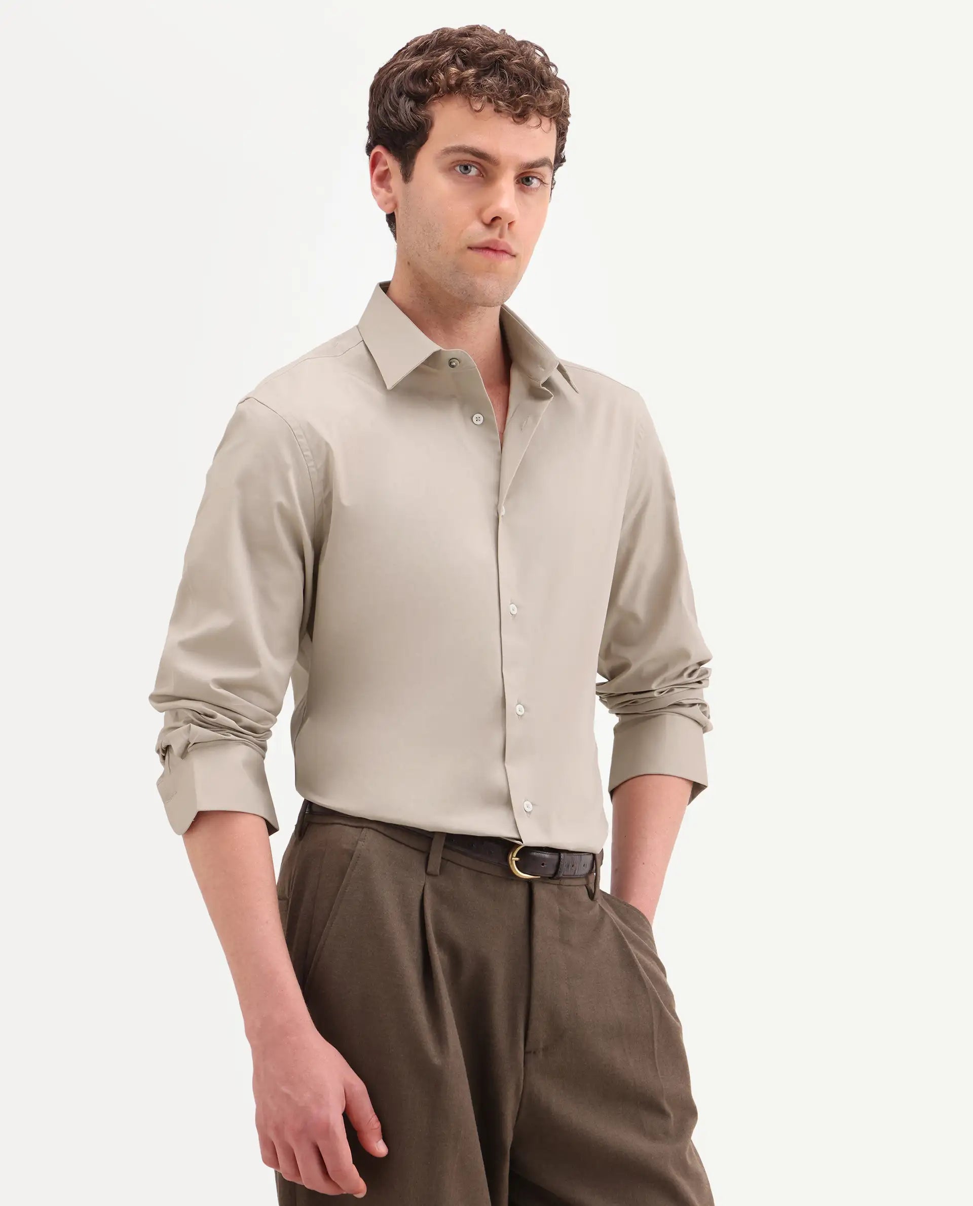 Rare Rabbit Men's Neutron-Ss26 Beige Cotton Blend Full Sleeve Spread Collar Regular Fit Plain Shirt