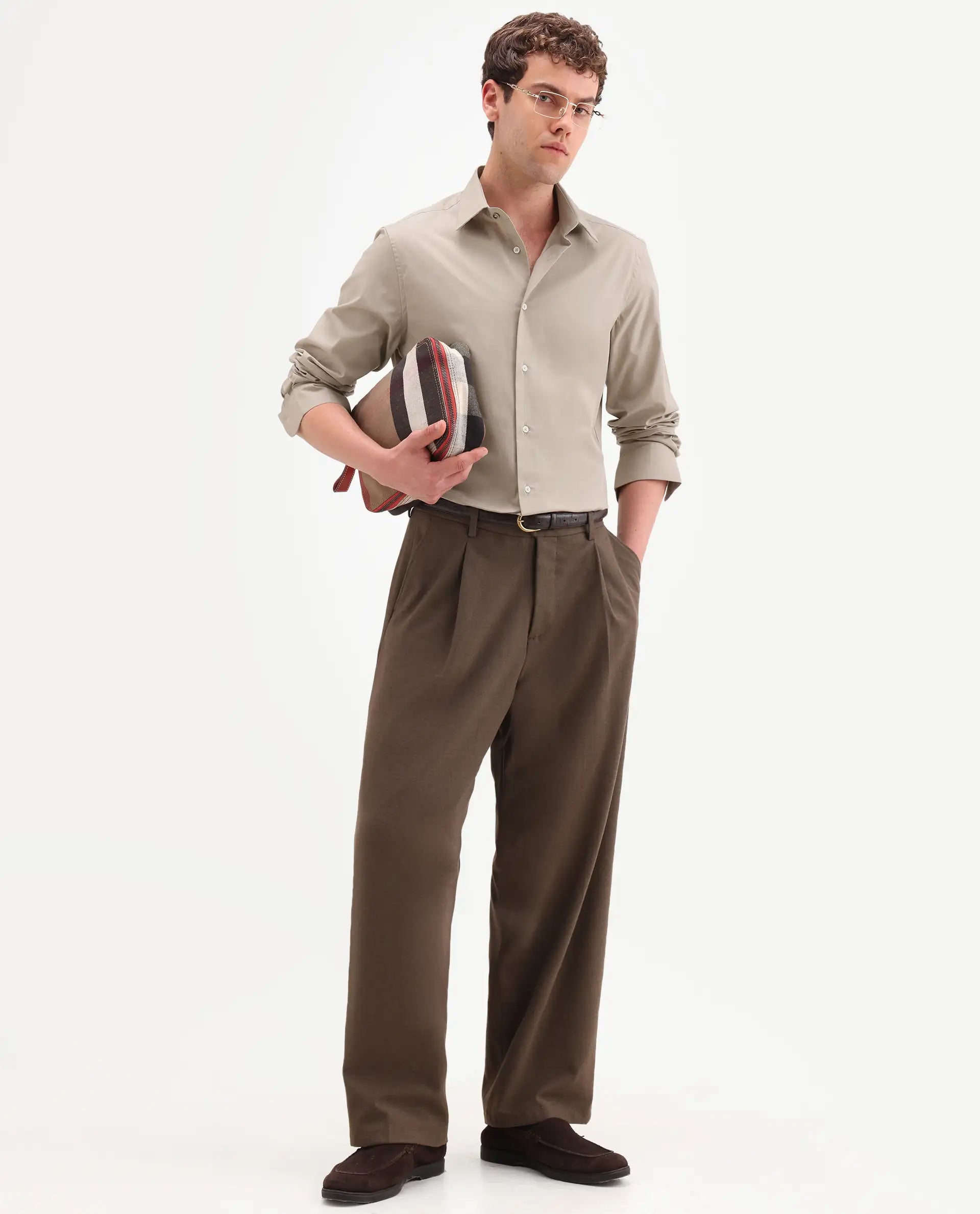 Rare Rabbit Men's Neutron-Ss26 Beige Cotton Blend Full Sleeve Spread Collar Regular Fit Plain Shirt