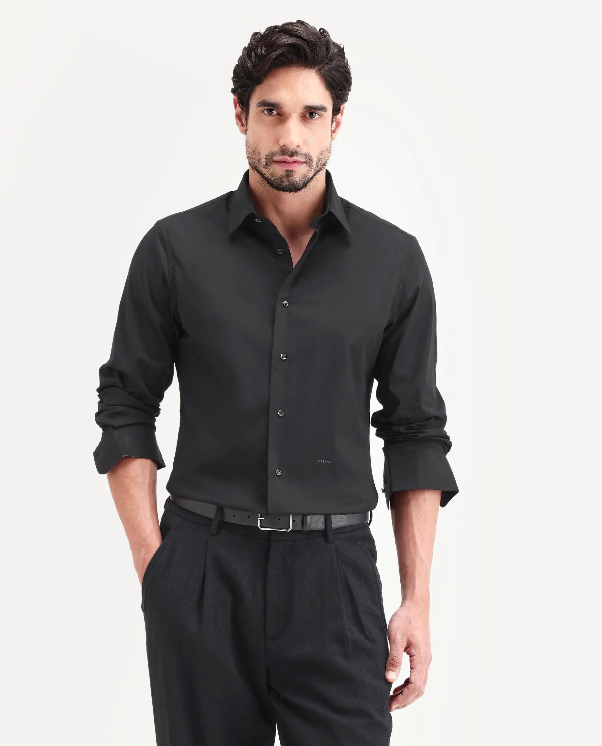 Rare Rabbit Men's Neutron-Ss26 Black Cotton Blend Full Sleeve Spread Collar Regular Fit Plain Shirt