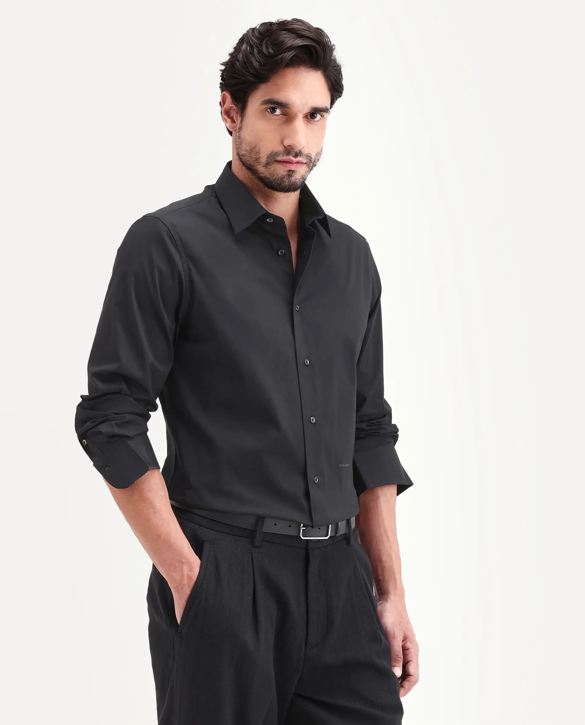 Rare Rabbit Men's Neutron-Ss26 Black Cotton Blend Full Sleeve Spread Collar Regular Fit Plain Shirt
