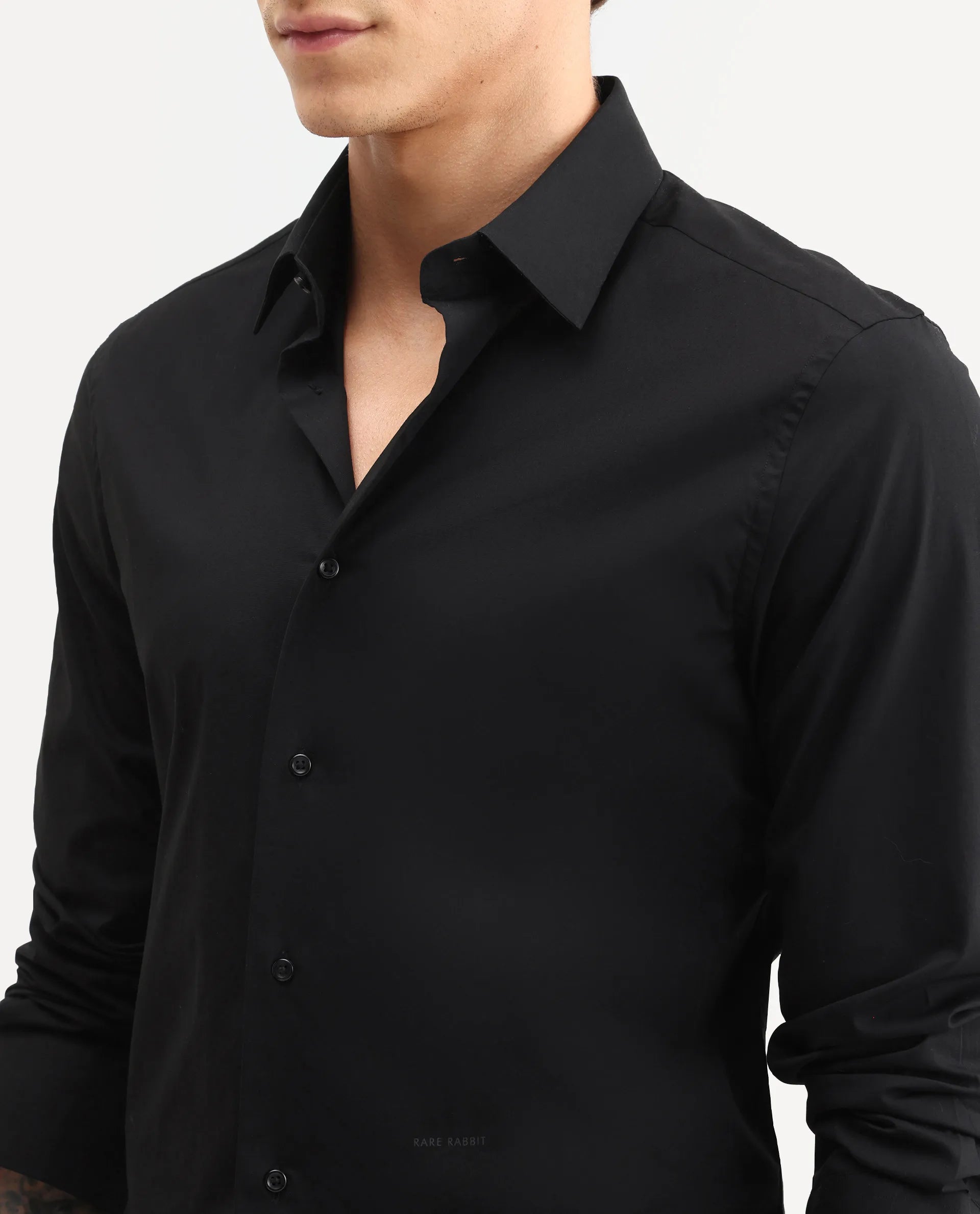 Rare Rabbit Men's Neutron-Ss26 Black Cotton Blend Full Sleeve Spread Collar Regular Fit Plain Shirt