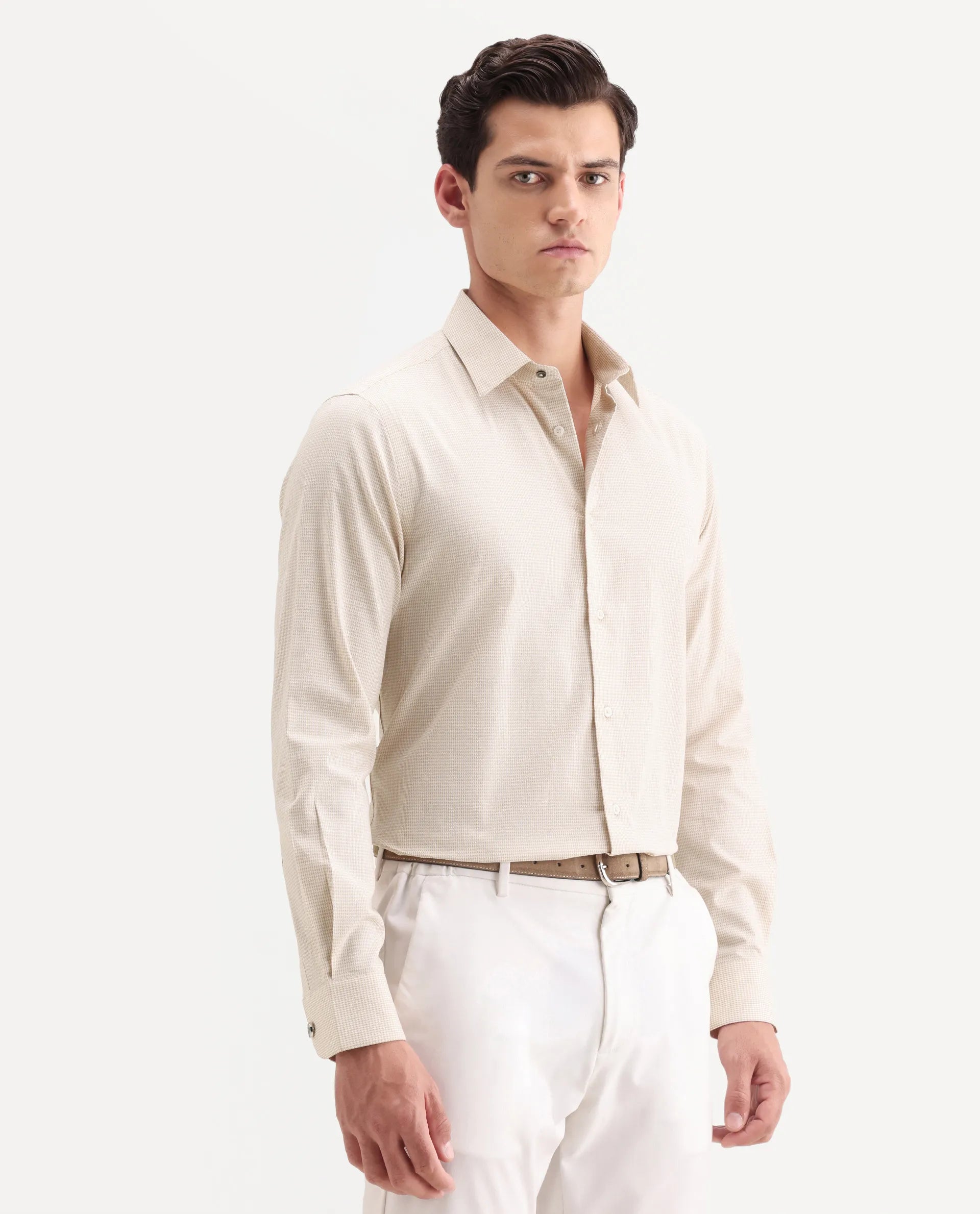 Rare Rabbit Men's Ning Light Beige Cotton Full Sleeve Spread Collar Regular Fit Geometric Shirt