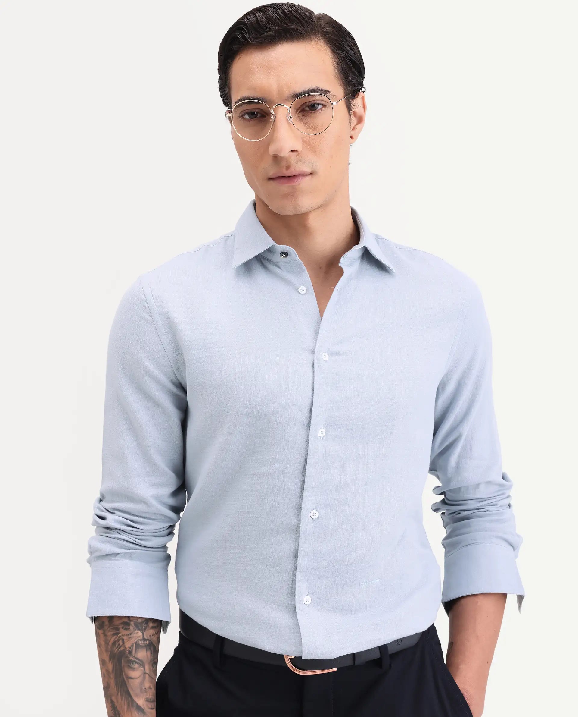 Rare Rabbit Men's Raxo Dusky Blue Cotton Fabric Full Sleeve Spread Collar Regular Fit Plain Shirt