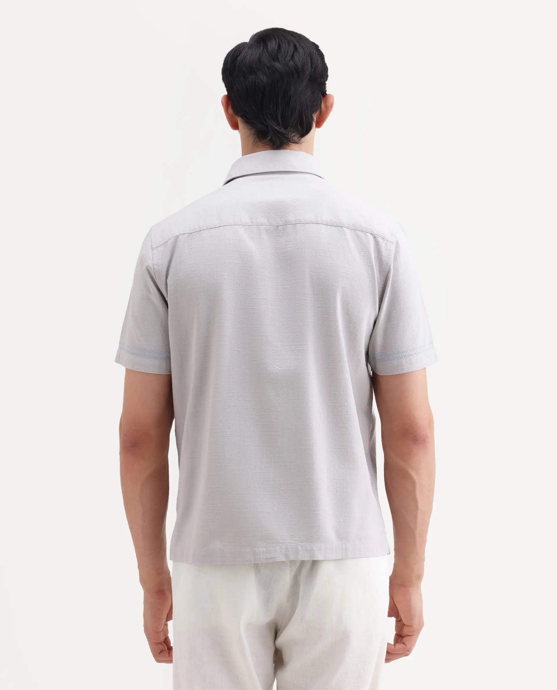 Rare Rabbit Men's Dran Light Grey Cotton Blend Fabric Half Sleeve Spread Collar Regular Fit Embroidered Shirt