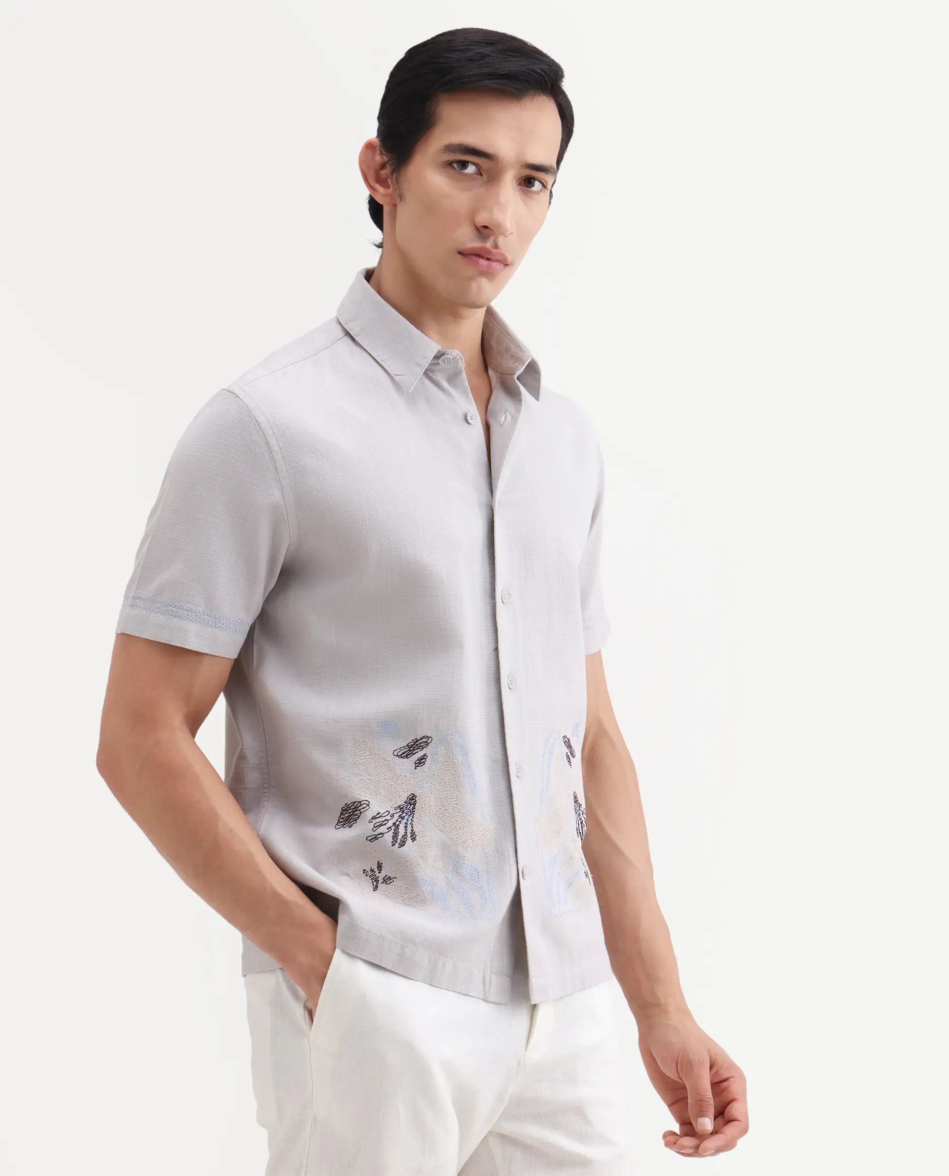 Rare Rabbit Men's Dran Light Grey Cotton Blend Fabric Half Sleeve Spread Collar Regular Fit Embroidered Shirt