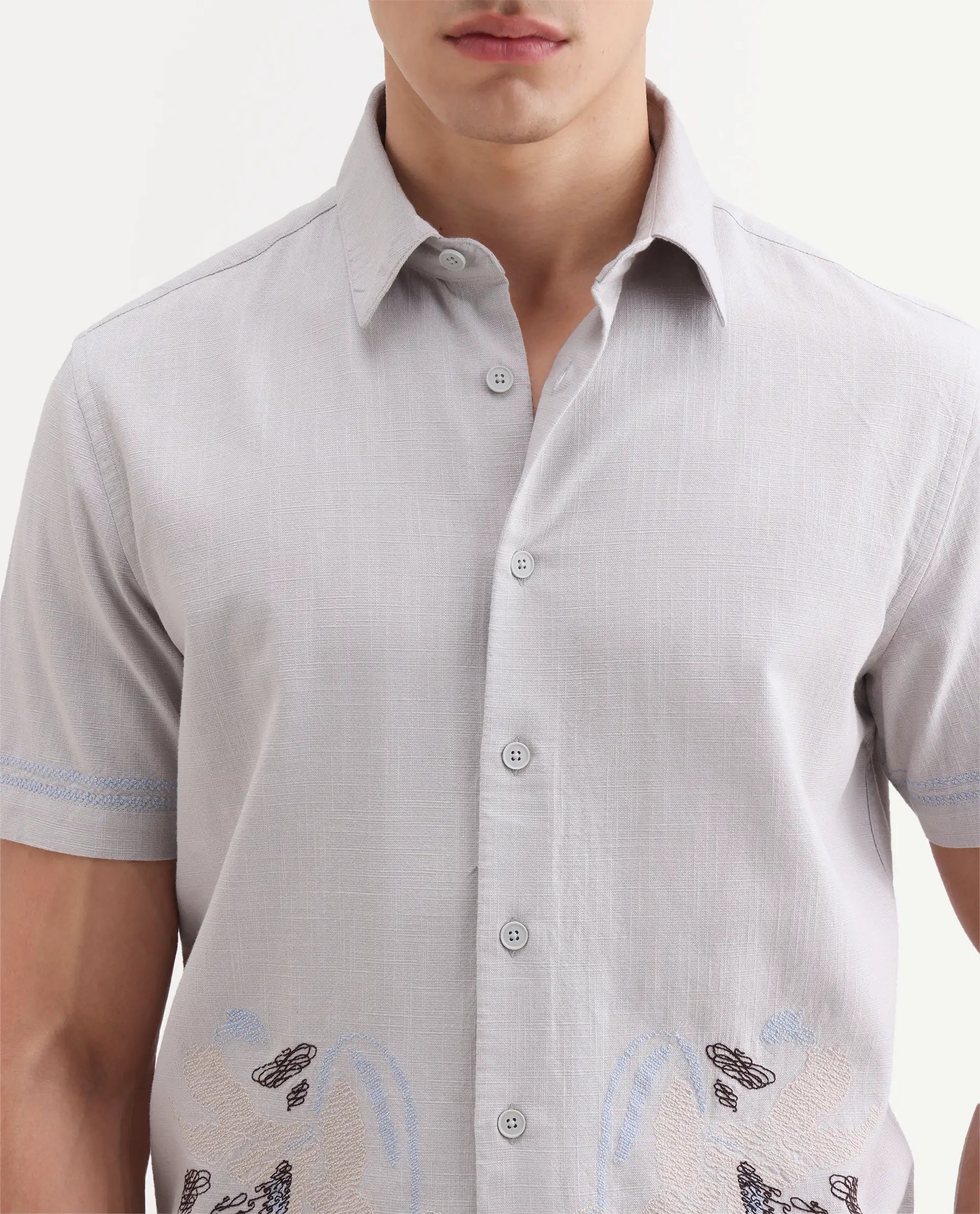 Rare Rabbit Men's Dran Light Grey Cotton Blend Fabric Half Sleeve Spread Collar Regular Fit Embroidered Shirt