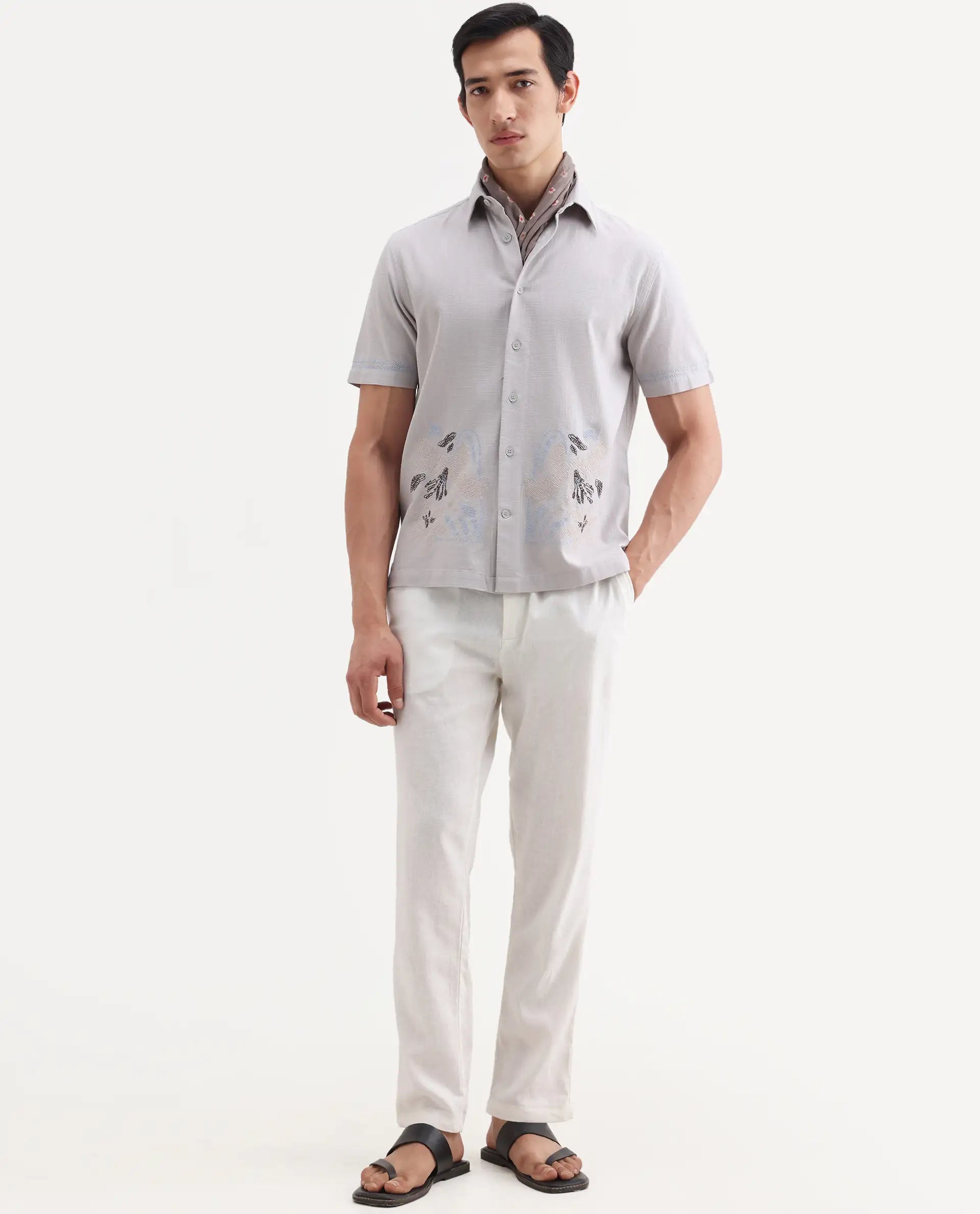 Rare Rabbit Men's Dran Light Grey Cotton Blend Fabric Half Sleeve Spread Collar Regular Fit Embroidered Shirt