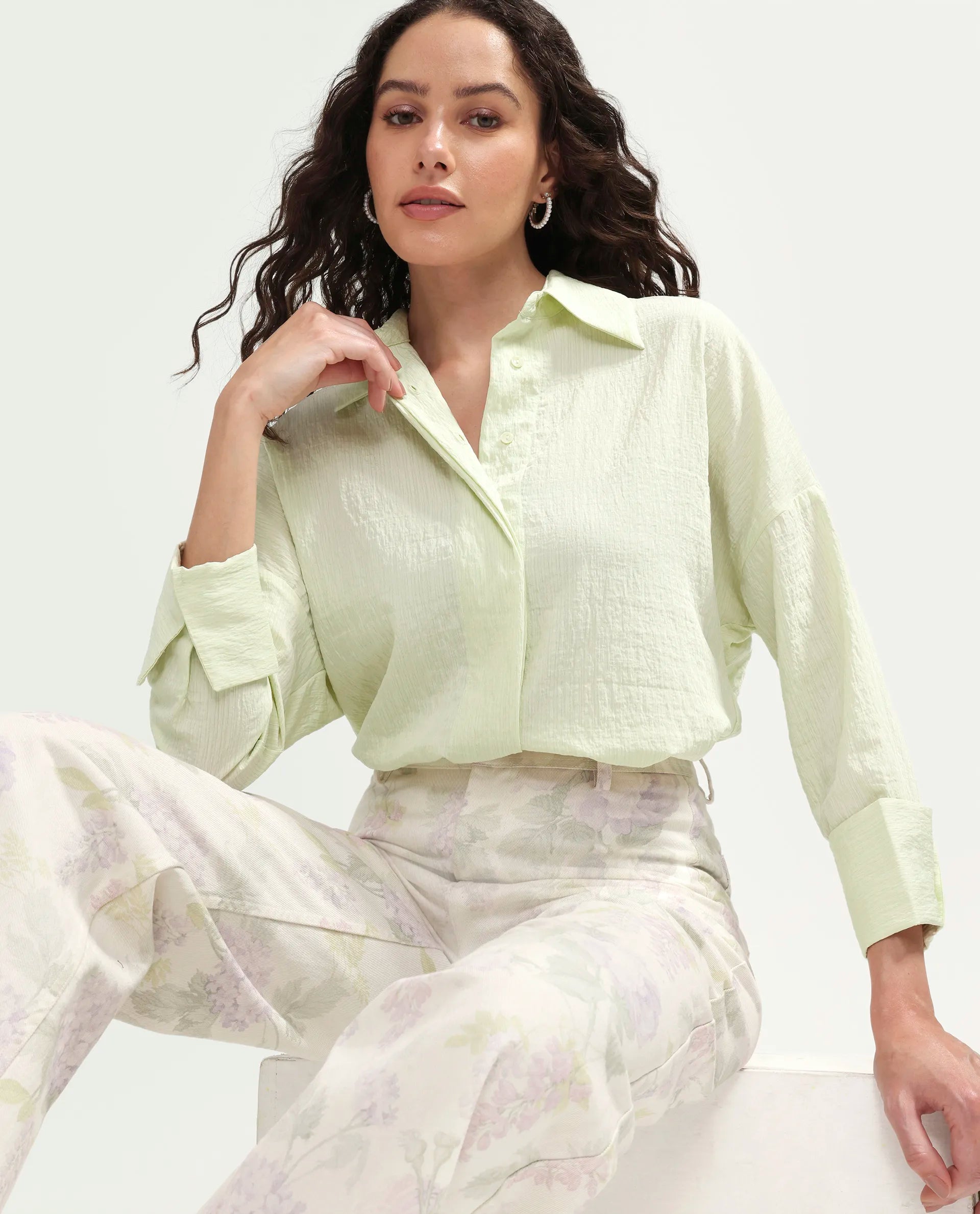 Rareism Women's Davi Light Green Viscose Blend Full Sleeve Collared Relaxed Plain Shirt