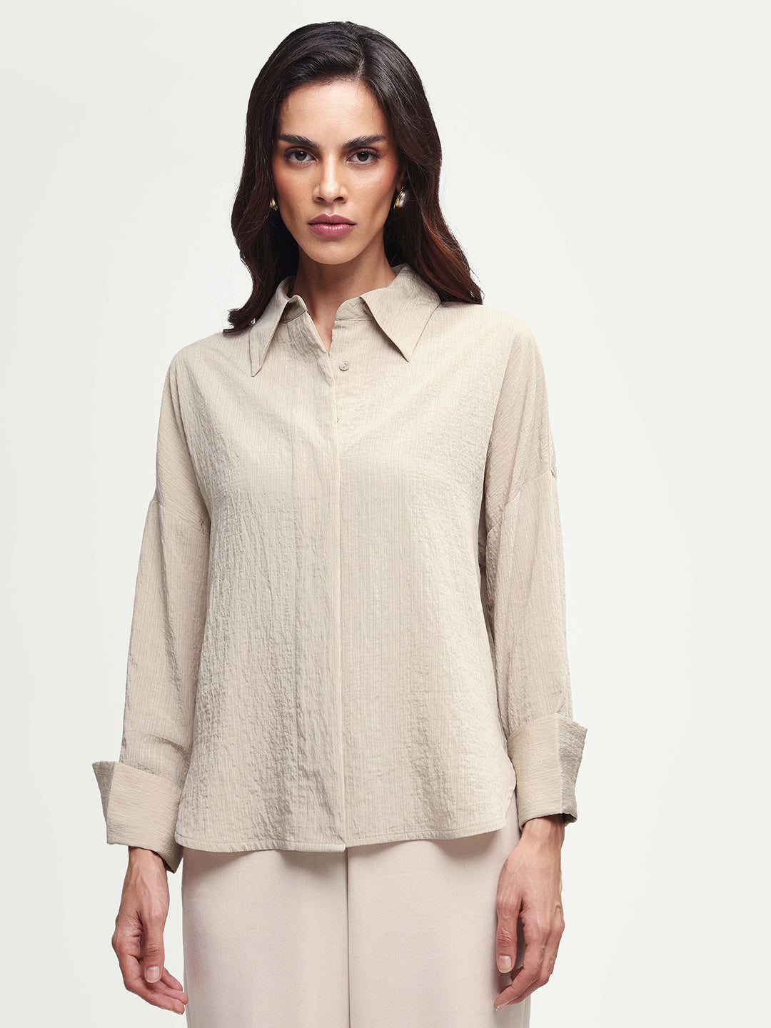 Rareism Women's Davi Beige Viscose Blend Full Sleeve Spread Collar Button Oversized Plain Shirt