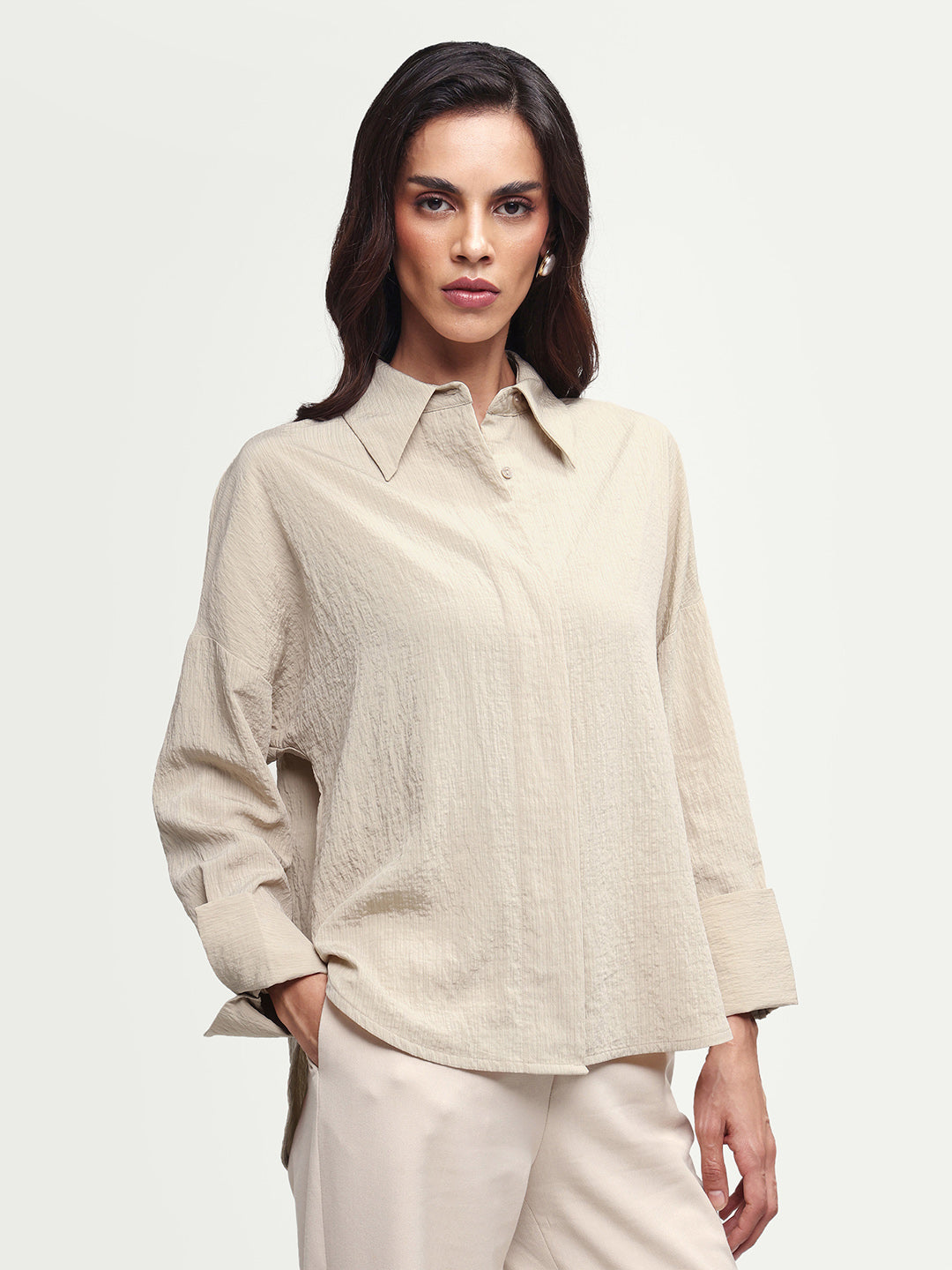 Rareism Women's Davi Beige Viscose Blend Full Sleeve Spread Collar Button Oversized Plain Shirt